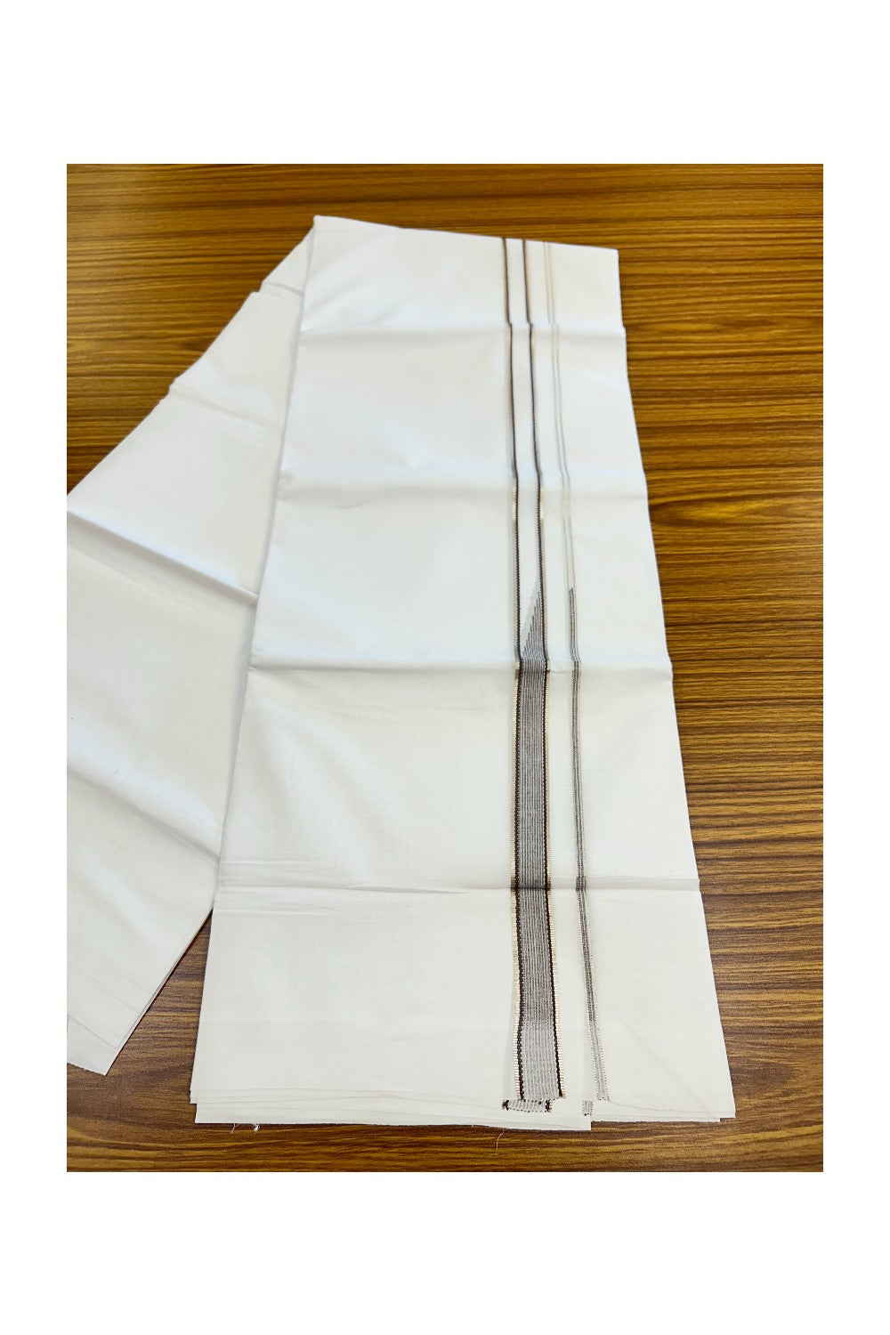 20% Discount ! Kaitharikada Balaramapuram 100% Cotton PURE WHITE Double Mundu/Dothi - 100x80 - 0.75 inch Silver Kasavu & Brown Side Striped chutty kara - 30KK5183VIN