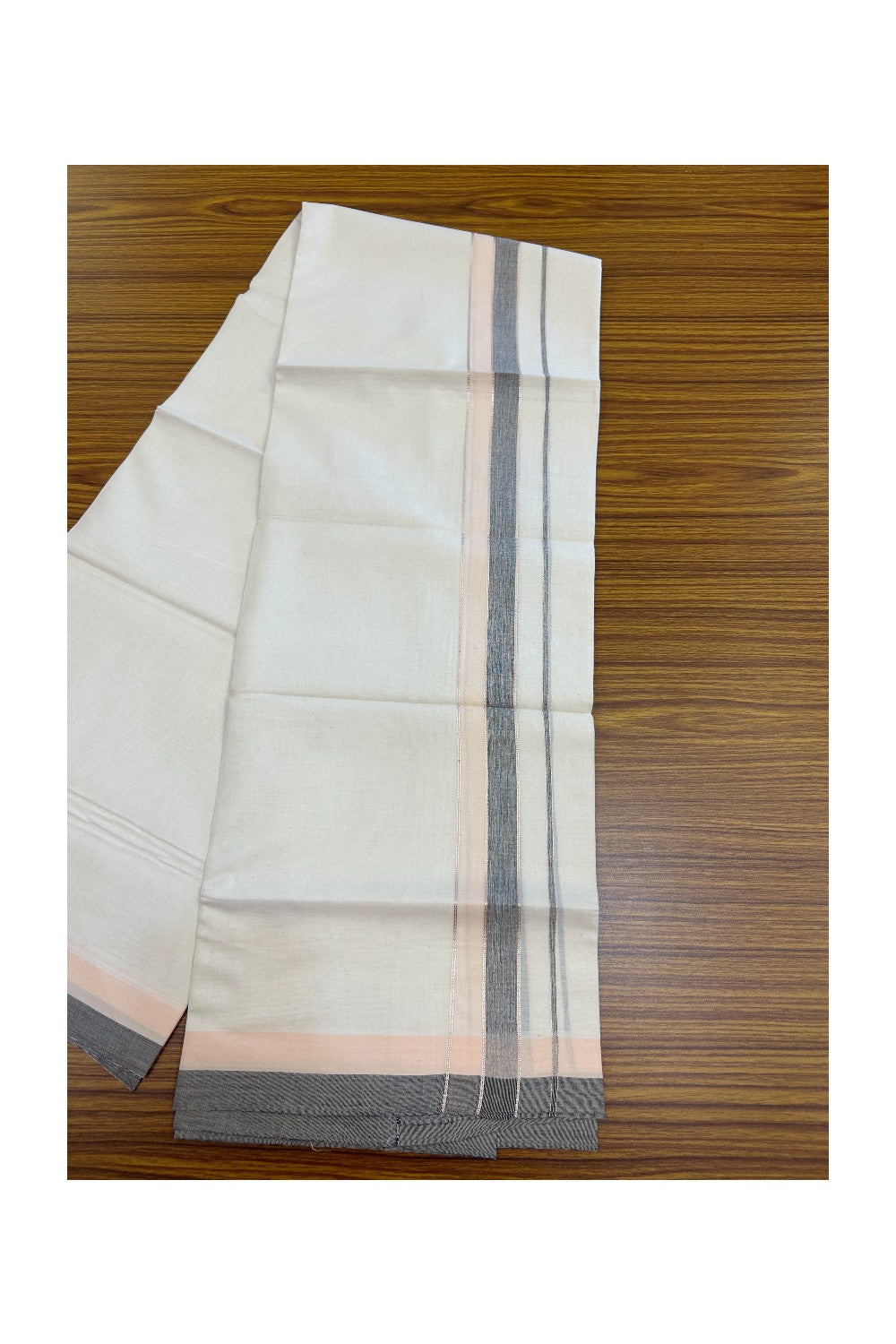 20% DISCOUNT !! KaithariKada Balaramapuram 100% Pure Cotton Double Off white - (Unbleached) Mundu/Dhoti-100x100 - 1.5 inch Puliyilakkara Silver Kasavu Light Peach & Grey Shaded Stripes Kara - 29KK5186CKS