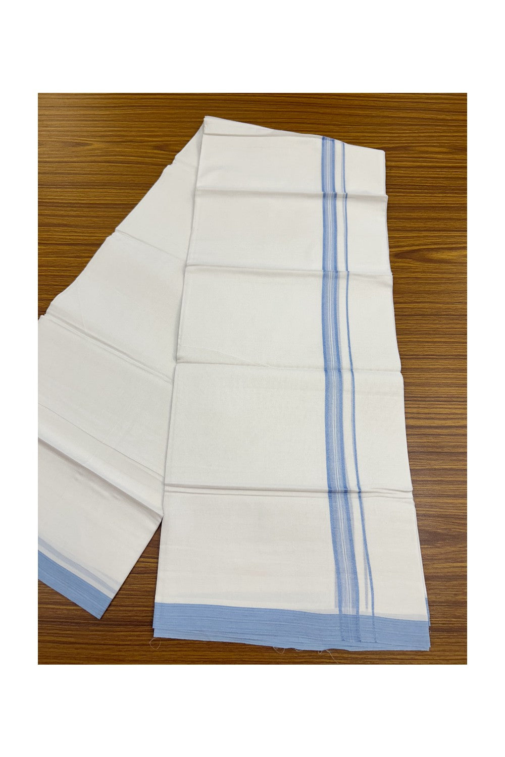 20% Discount!!! KaithariKada Balaramapuram DOUBLE PURE WHITE Mundu/Dhoti - 100X80 - 0.75 inch Bright Blue Striped & Shaded Designer Kara - 30KK5191CKS