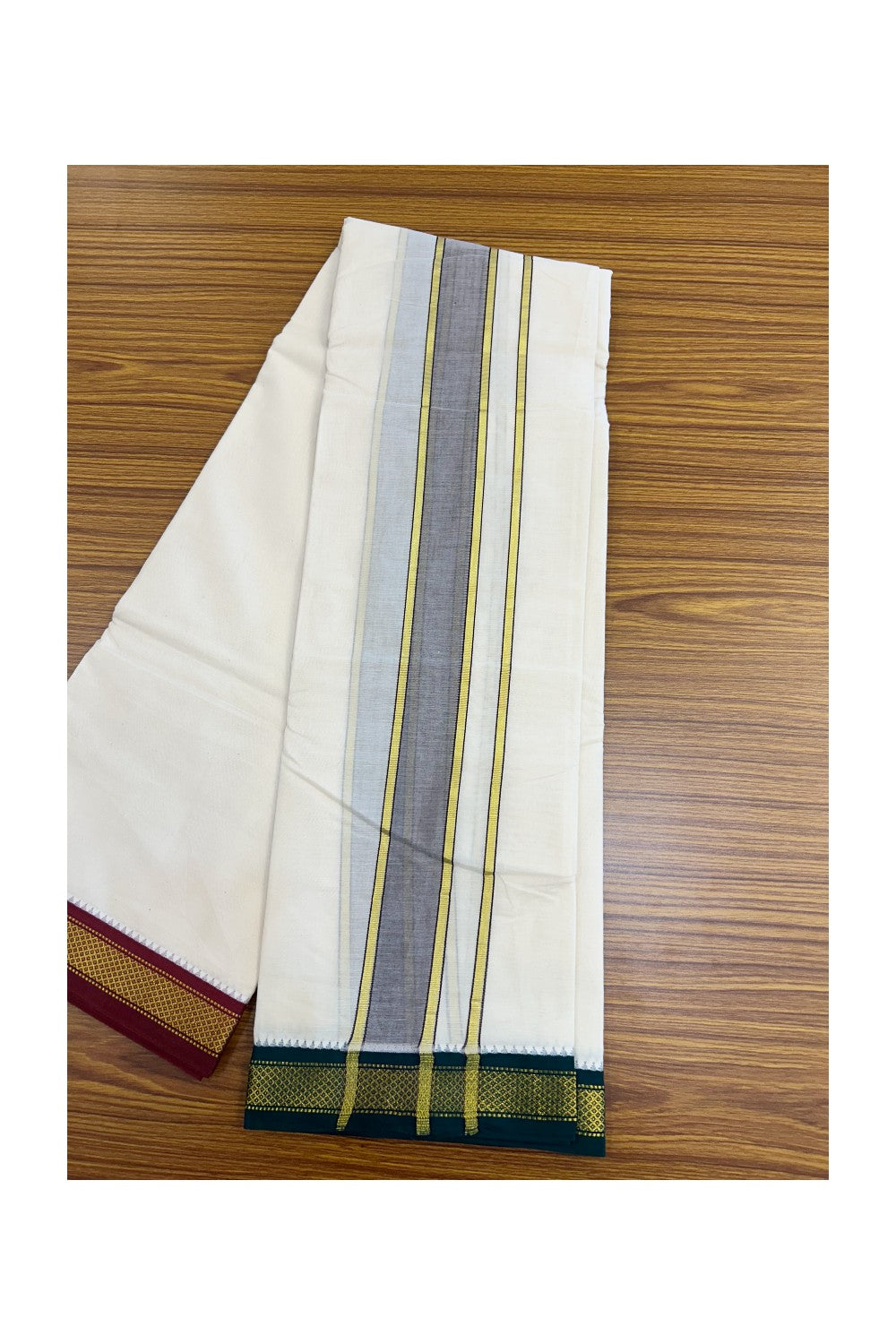 20% DISCOUNT! KaithariKada 100% Cotton Off White - (Unbleached) 100x100 thread - NORTH INDIAN- ATTACHED GAMCHA 9x5 Dhoti 2 inch Violet kara with Maroon & Dark Green Kasavu border - 30KK5196PMC