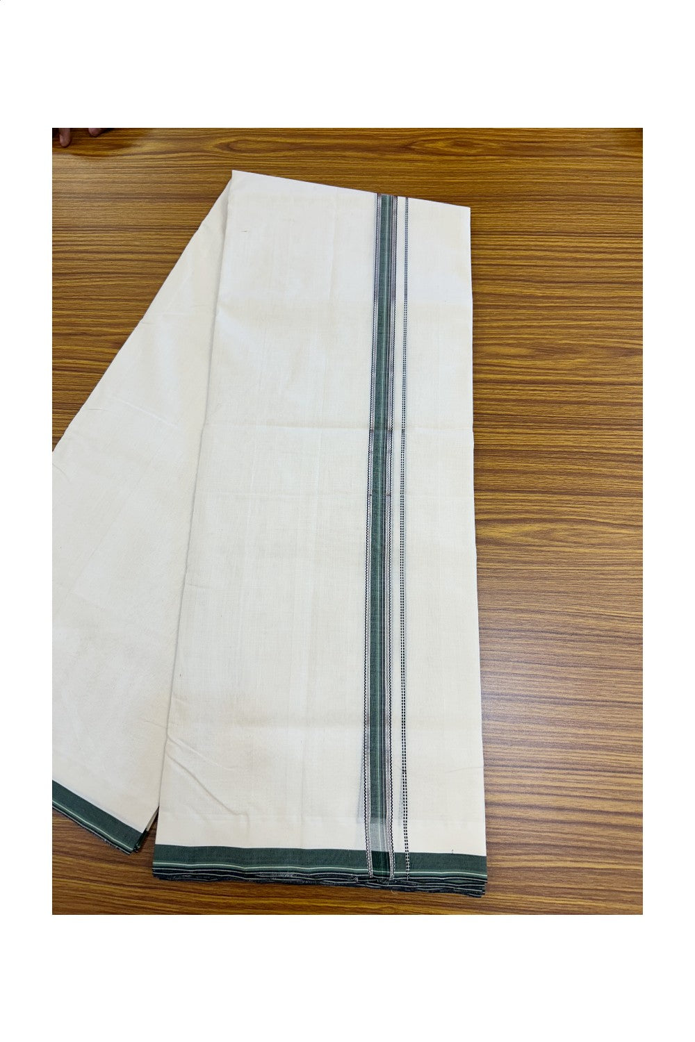 25% DISCOUNT!! KaithariKada HANDLOOM UNAKKUPAAV Balaramapuram - 100% PURE Cotton OFF White - (Unbleached) Double Mundu/Dothi - 80x100 - 0.75 inch Silver Kasavu Black & Green Striped Kara- 30KK5209 REA