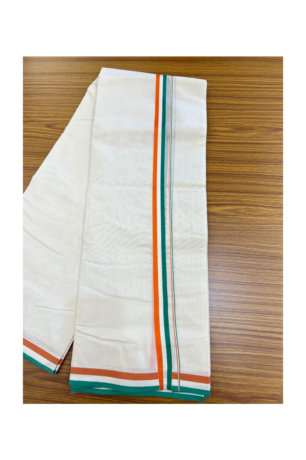 CONGRESS VESHTI - 20% DISCOUNT! KaithariKada 100% Cotton off white Double - (Unbleached) Mundu/Dhoti - 100X80 - 1 inch Orange White & Green Kara - 30KK5218ASH