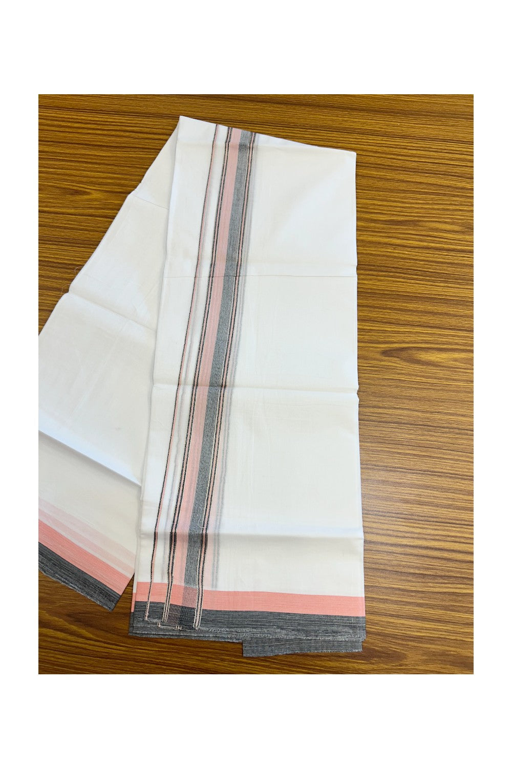 20% DISCOUNT! KaithariKada Balaramapuram 100% Cotton Double Pure white Mundu/Dhoti- 100x80 - 1.75 inch Silver Kasavu Black & Baby Pink Shaded Striped Kara - 3.84mtr ( 8 muzham) - 30KK5227 PMC