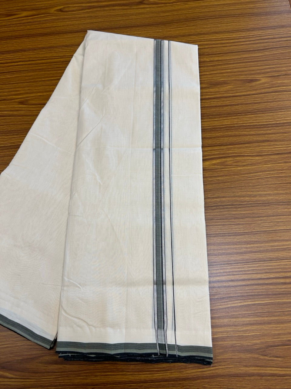 25% DISCOUNT!! KaithariKada HANDLOOM UNAKKUPAAV Balaramapuram - 100% PURE Cotton OFF White - (Unbleached) Double Mundu/Dothi - 120 x 100 - 1.5 inch Black & Green Silver Kasav Striped Kara 4 meter - 30 KK5249 REA