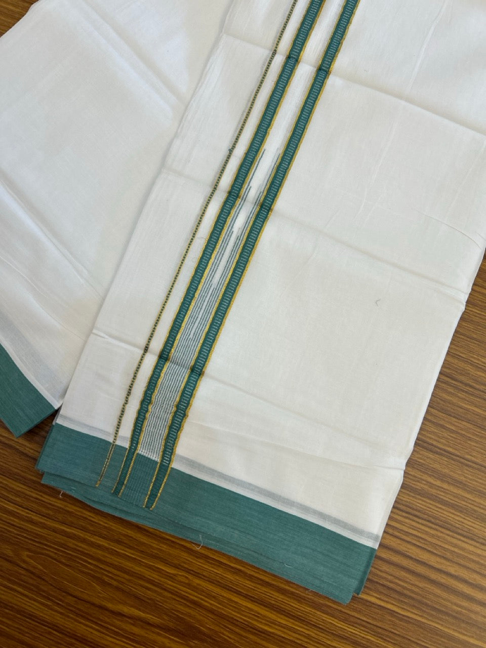 24% Discount! KaithariKada Balaramapuram 100% Cotton Pure white Double Mundu/Dhoti - (100x80)s - 1.5 inch Puliyilakkara Green Stripes Chutty Gold Kasav - 30 KK5258 THI