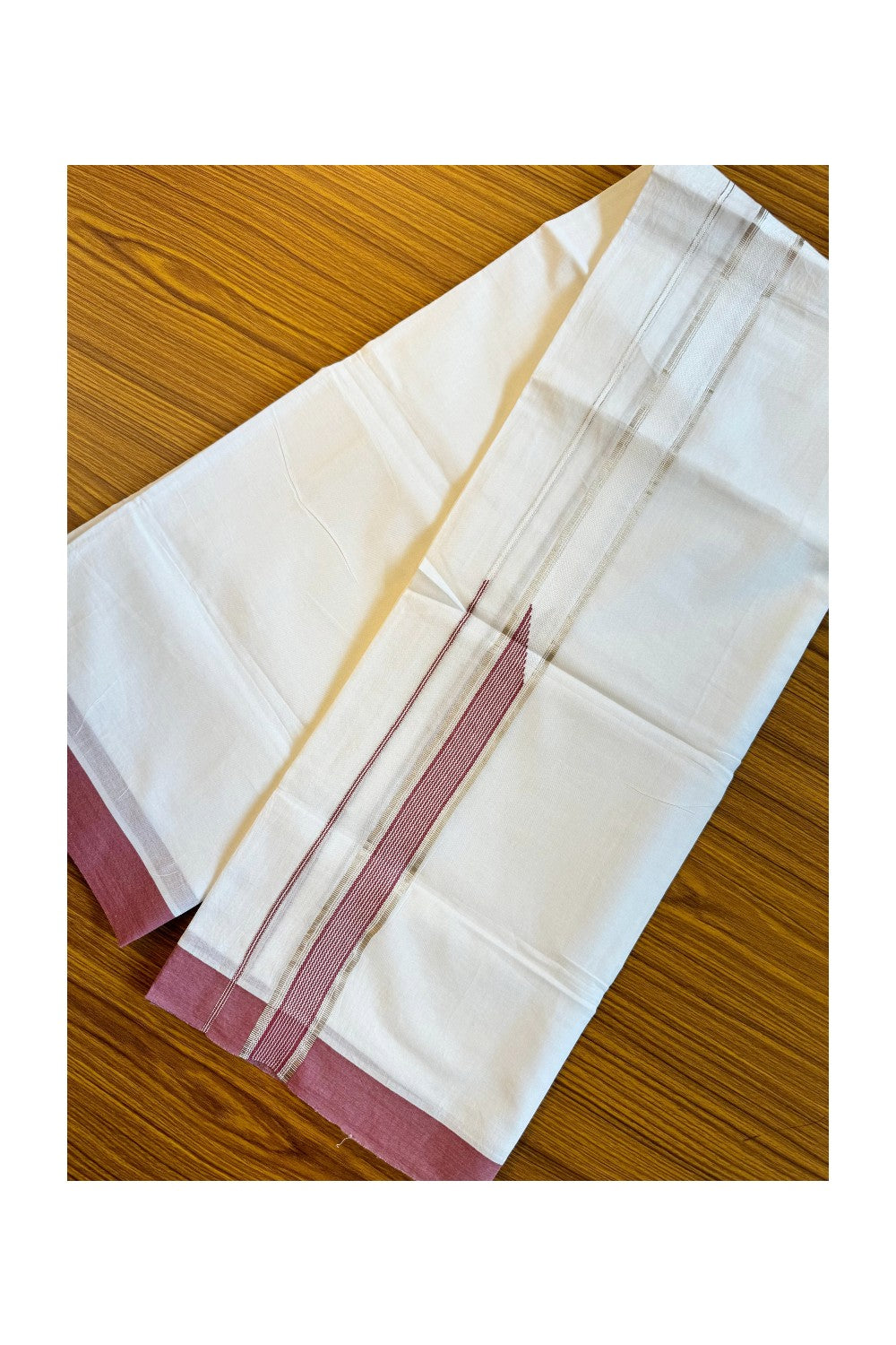 21% DISCOUNT! KaithariKada Balaramapuram 100% Cotton Double PURE white Mundu/Dhoti-100x92 2.25 Inch Heavy Designer Chutty LIGHT MAROON & Silver Kasavu Kara- 30KK84CEE