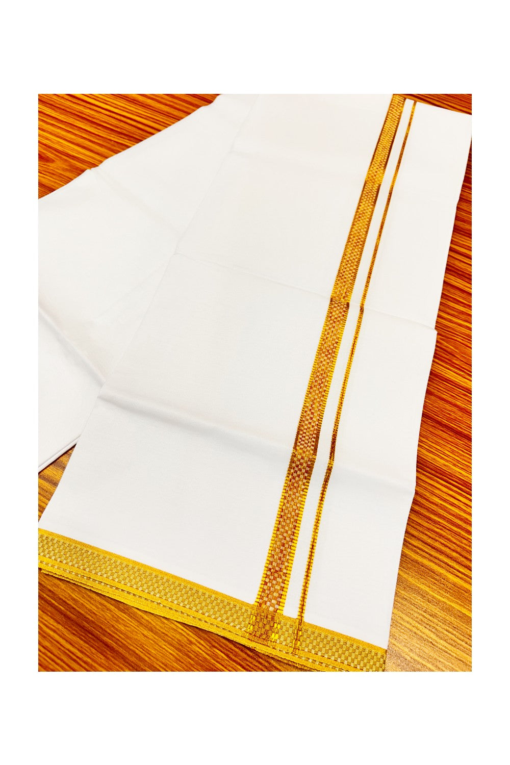 20% OFFER!! KaithariKada 100% Cotton PURE WHITE SINGLE Mundu/Dhoti-40X40 Designer Yellow+Green & Kasavu Zazri 3 cm (2 meter / 4 muzham) Kara- 30sar