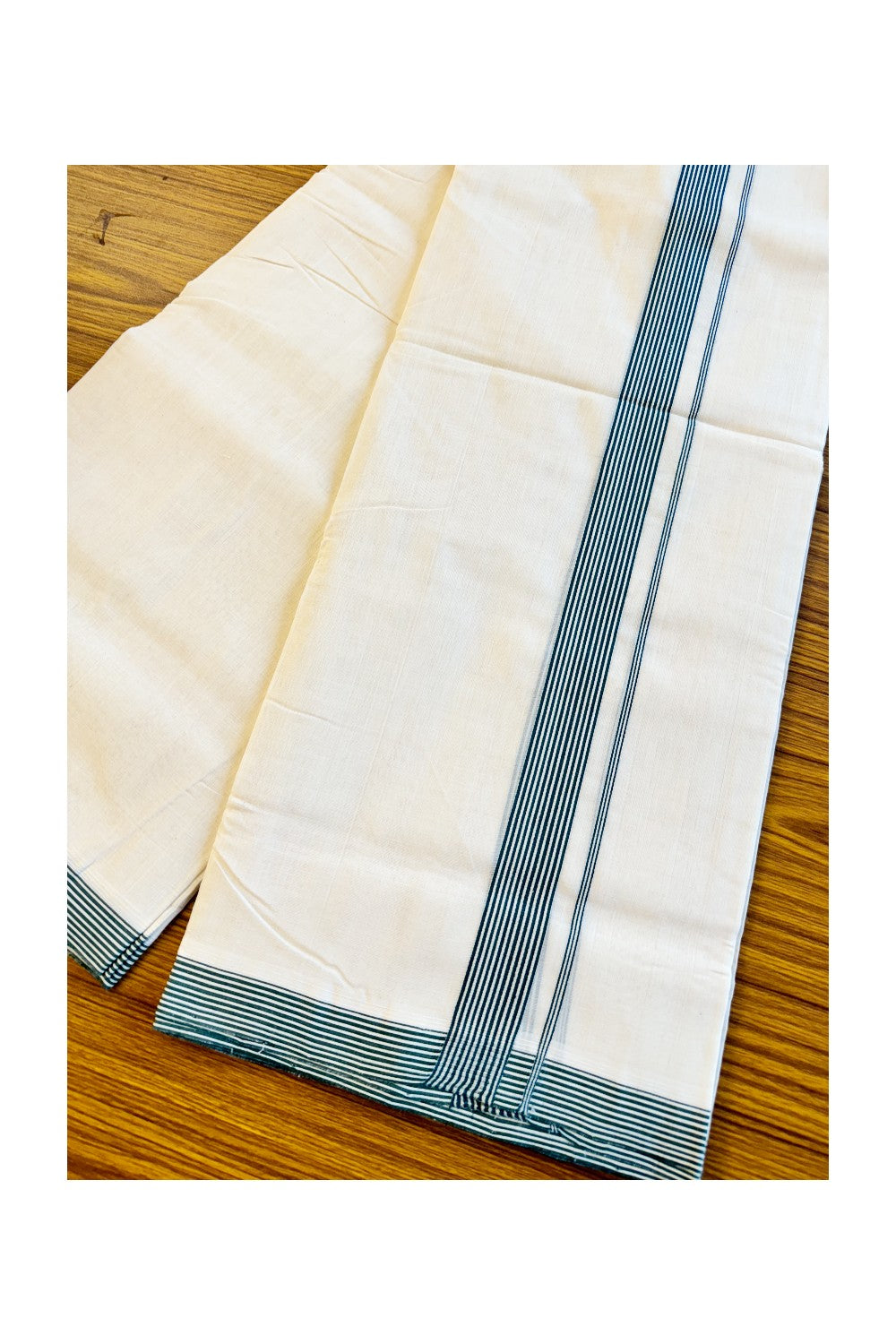 25% Discount!! KaithariKada Handloom Unakkupaavu Balaramapuram - 100% Pure Cotton Off White (Unbleached) Double Mundu/Dothi - Green Striped 1 inch Kara- KK46SOM-30.
