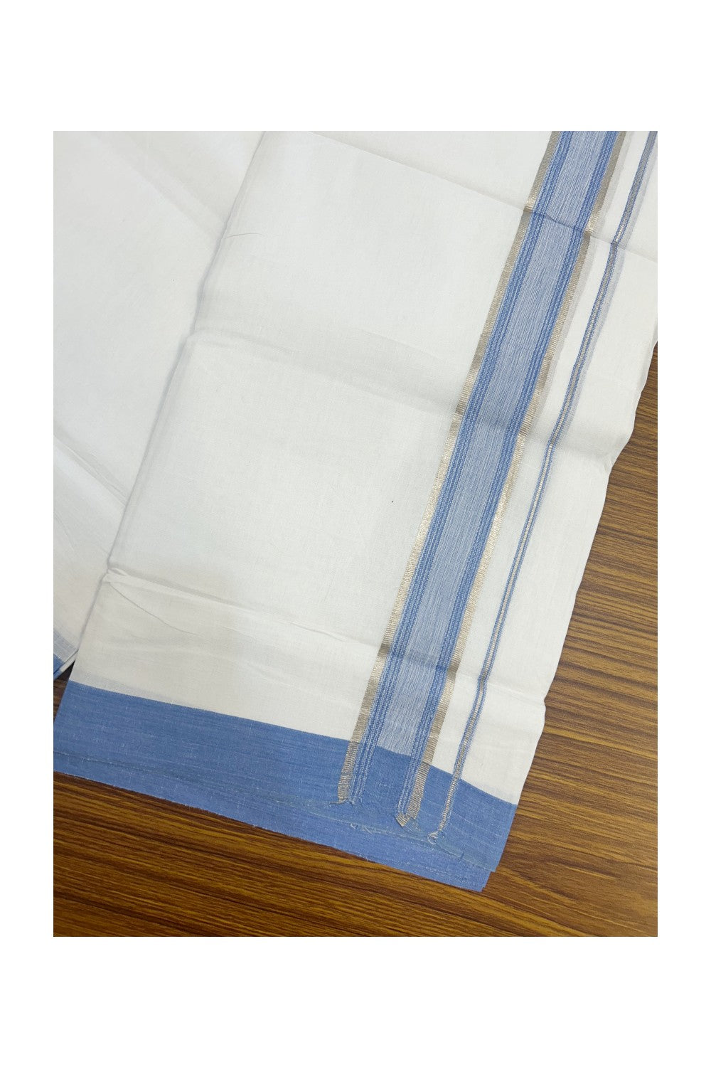 Linen Dhoti NEW! 20% Discount from Kaitharikada.com - Double Mundu/Dhoti 80x90 Thread PURE WHITE - Pure Cotton + Linen -1.5 Inch Sky Blue & Silver Striped Kara - 30KK5174THI