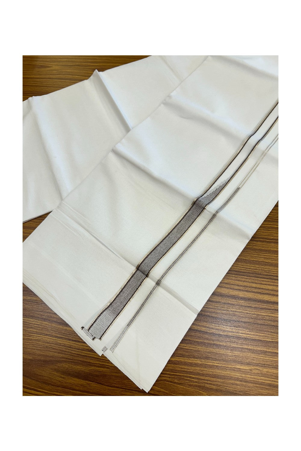 20% Discount ! Kaitharikada Balaramapuram 100% Cotton PURE WHITE Double Mundu/Dothi - 100x80 - 0.75 inch Silver Kasavu & Brown Side Striped chutty kara - 30KK5183VIN