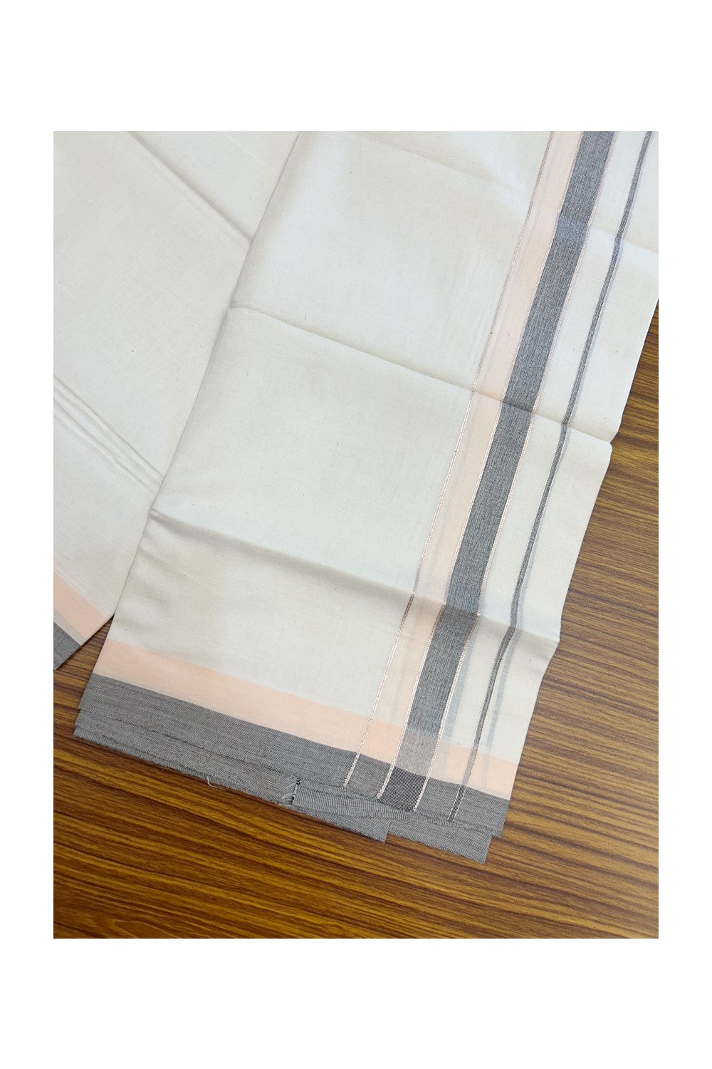 20% DISCOUNT !! KaithariKada Balaramapuram 100% Pure Cotton Double Off white - (Unbleached) Mundu/Dhoti-100x100 - 1.5 inch Puliyilakkara Silver Kasavu Light Peach & Grey Shaded Stripes Kara - 29KK5186CKS