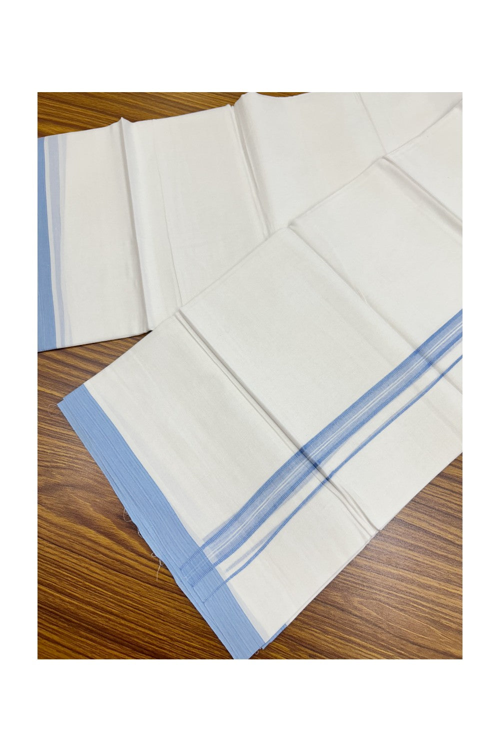 20% Discount!!! KaithariKada Balaramapuram DOUBLE PURE WHITE Mundu/Dhoti - 100X80 - 0.75 inch Bright Blue Striped & Shaded Designer Kara - 30KK5191CKS