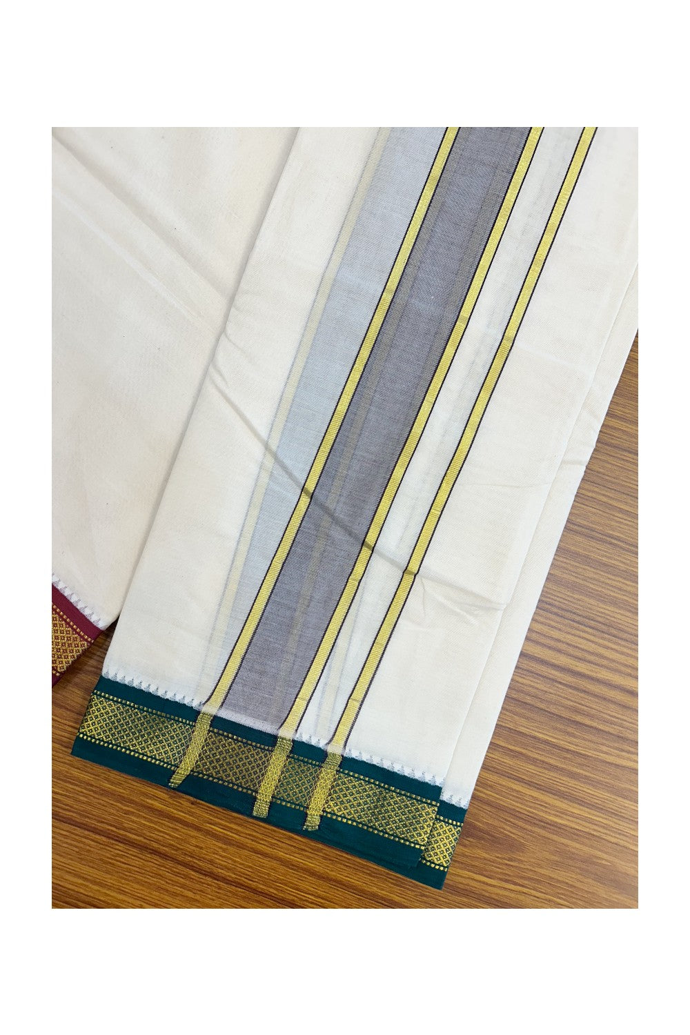 20% DISCOUNT! KaithariKada 100% Cotton Off White - (Unbleached) 100x100 thread - NORTH INDIAN- ATTACHED GAMCHA 9x5 Dhoti 2 inch Violet kara with Maroon & Dark Green Kasavu border - 30KK5196PMC