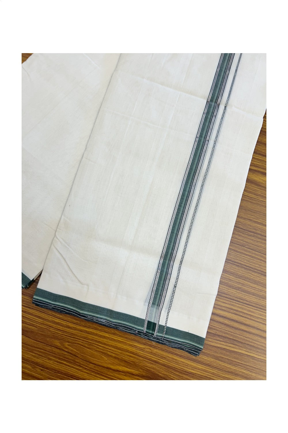 25% DISCOUNT!! KaithariKada HANDLOOM UNAKKUPAAV Balaramapuram - 100% PURE Cotton OFF White - (Unbleached) Double Mundu/Dothi - 80x100 - 0.75 inch Silver Kasavu Black & Green Striped Kara- 30KK5209 REA