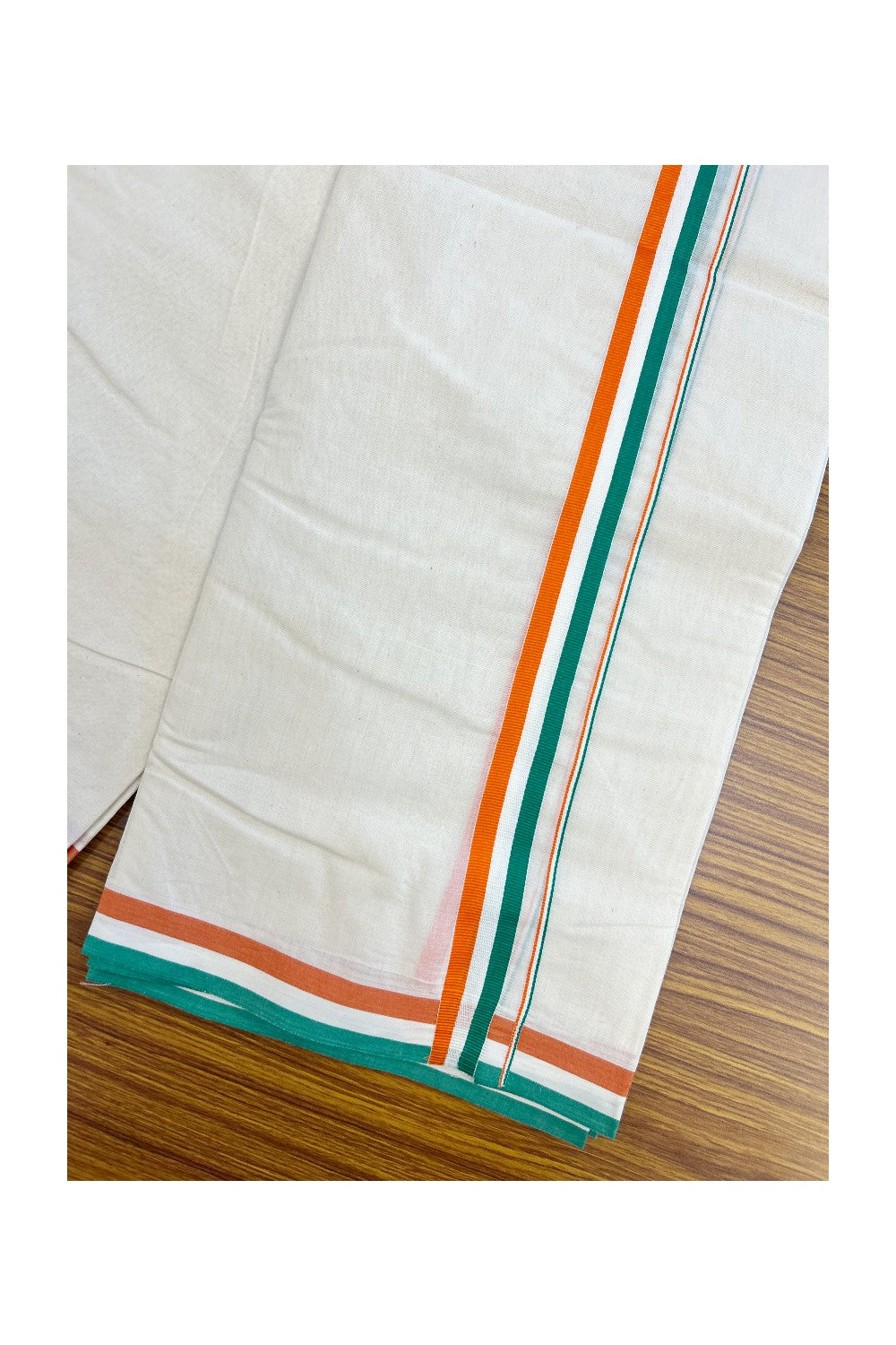 CONGRESS VESHTI - 20% DISCOUNT! KaithariKada 100% Cotton off white Double - (Unbleached) Mundu/Dhoti - 100X80 - 1 inch Orange White & Green Kara - 30KK5218ASH