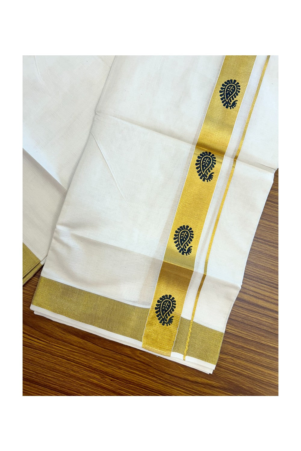 22% Discount!! KaithariKada Balaramapuram 100% Cotton DOUBLE OFF WHITE - (Ubleached) Mundu/Dhoti - 80x90 - 1.5 inch Gold Kasavu with Black Mango Printed Design Kara - 30KK5219 GAN