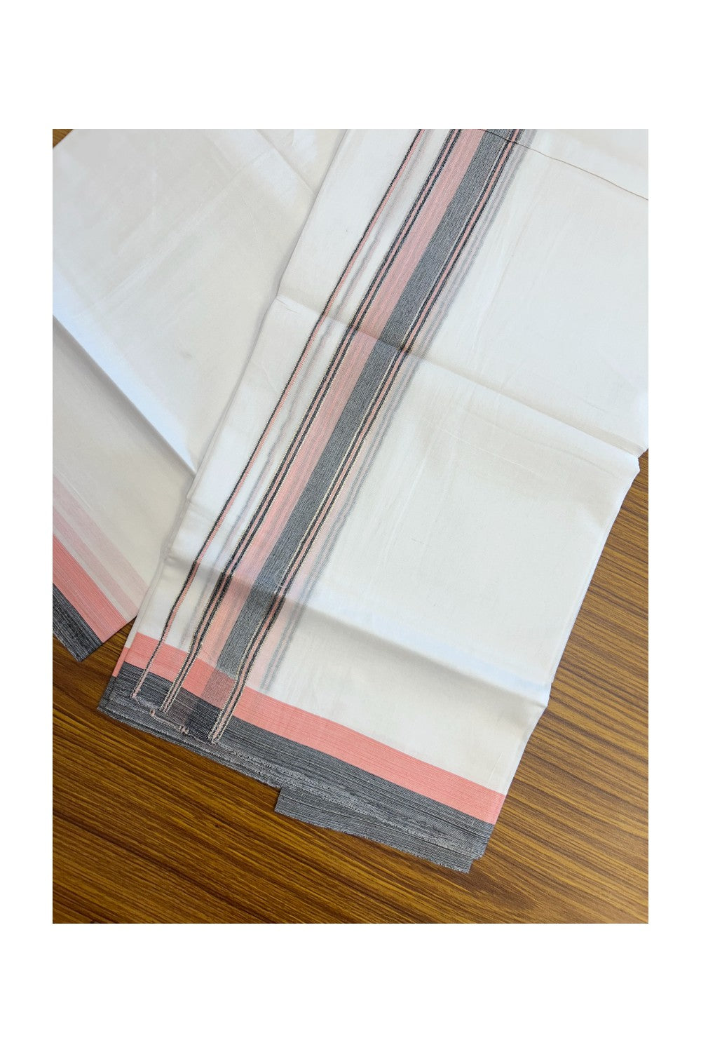 20% DISCOUNT! KaithariKada Balaramapuram 100% Cotton Double Pure white Mundu/Dhoti- 100x80 - 1.75 inch Silver Kasavu Black & Baby Pink Shaded Striped Kara - 3.84mtr ( 8 muzham) - 30KK5227 PMC