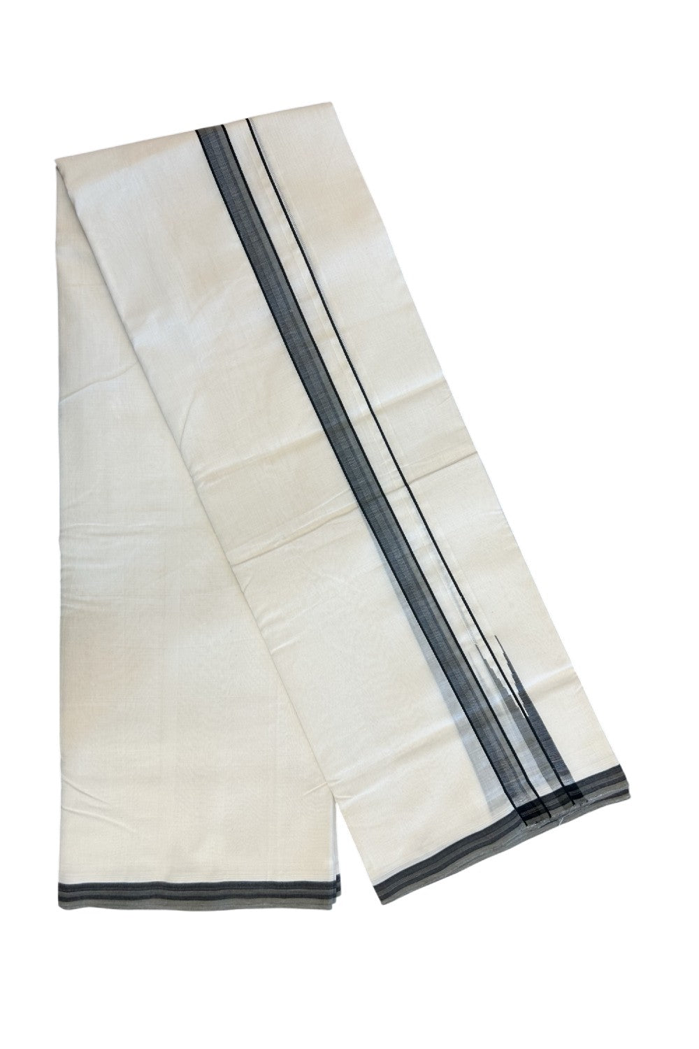 25% DISCOUNT!! KaithariKada HANDLOOM UNAKKUPAAV Balaramapuram - 100% PURE Cotton OFF White - (Unbleached) Double Mundu/Dothi - 100X100 - 2 cm Black & Grey stripes Puliyilakkara chutty 3.80 meter (8.5 Muzham) - 8KK5167REA