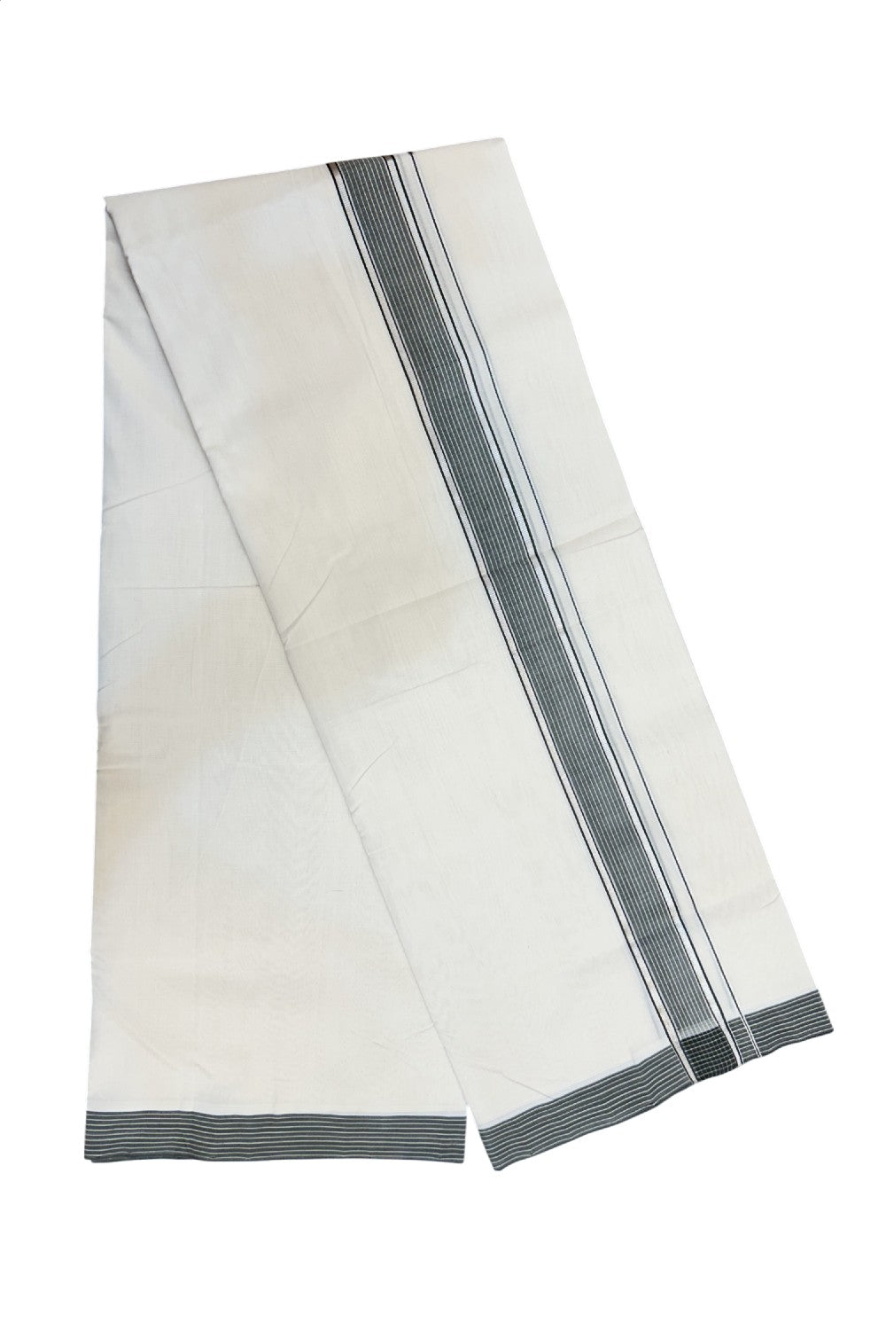 25% DISCOUNT!! KaithariKada HANDLOOM UNAKKUPAAV Balaramapuram - 100% PURE Cotton OFF White - (Unbleached) Double Mundu/Dothi - 120(Twisted) x 100 - 1.5 inch Silver Kasavu & Ash Green Striped Kara - 31KK5209 REA