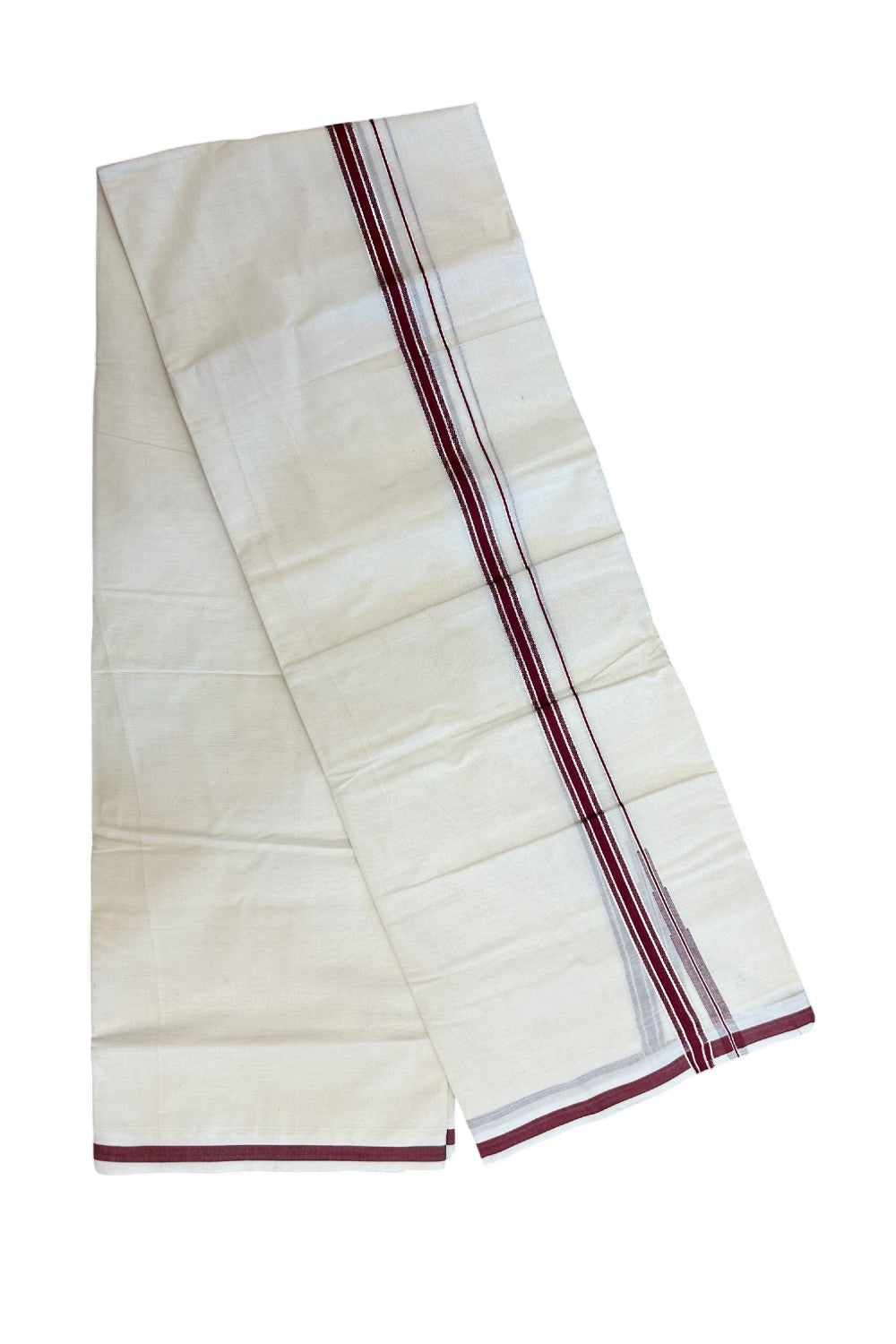 20% Discount ! KaithariKada Balaramapuram 100% Cotton Double OFF WHITE - (Unbleached) - Mundu / Dhoti- 100x80 - 1.5 cm Silver kasavu Maroon Puliyilakkara chutty - 31KK5213 VIN