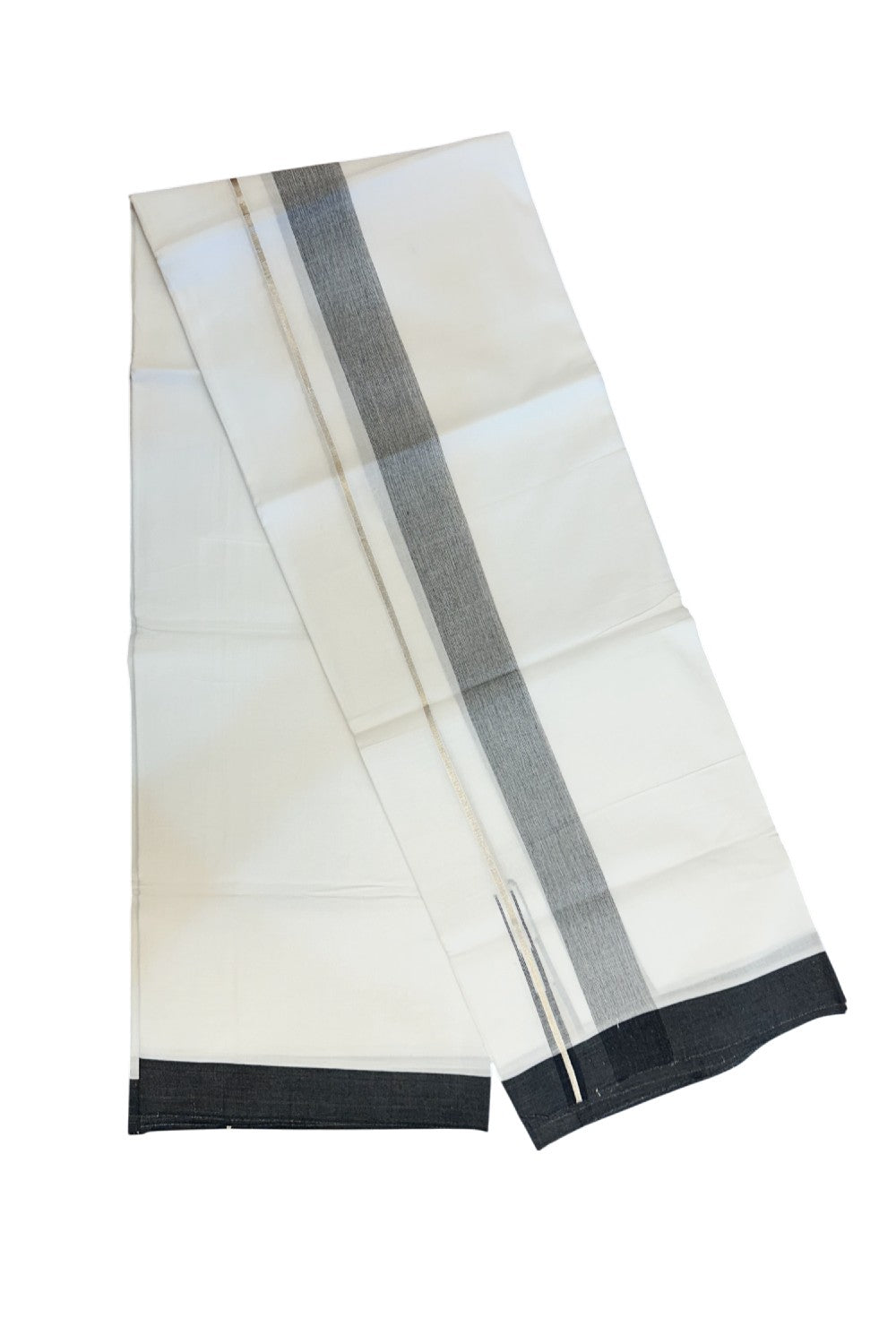 20% DISCOUNT!! Kaitharikada Balaramapuram 100% Pure Cotton PURE WHITE Double Mundu/Dothi - 100x80 - 1.75 Inch Silver Kasavu Black shaded Stripes Puliyilakkara Chutty - 31KK5217 CKS