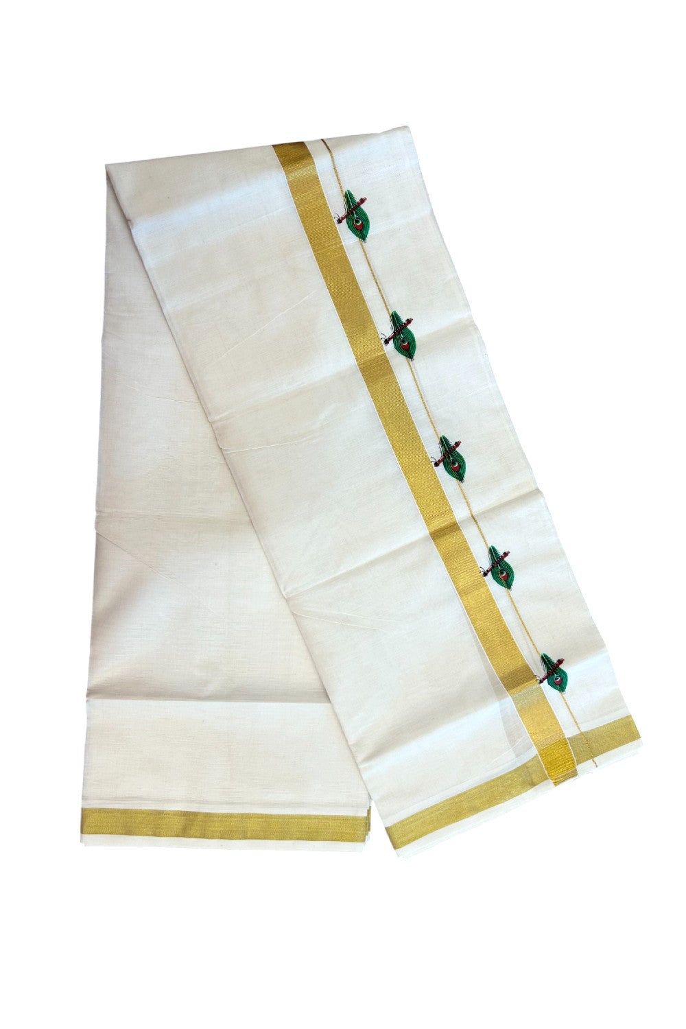 22% Discount!! KaithariKada Balaramapuram 100% Cotton DOUBLE OFF WHITE - (Ubleached) Mundu/Dhoti - 80x90 - 1 inch Gold Kasavu with Green Peacock Feather & Flute Printed Design Kara - 31KK5219 GAN