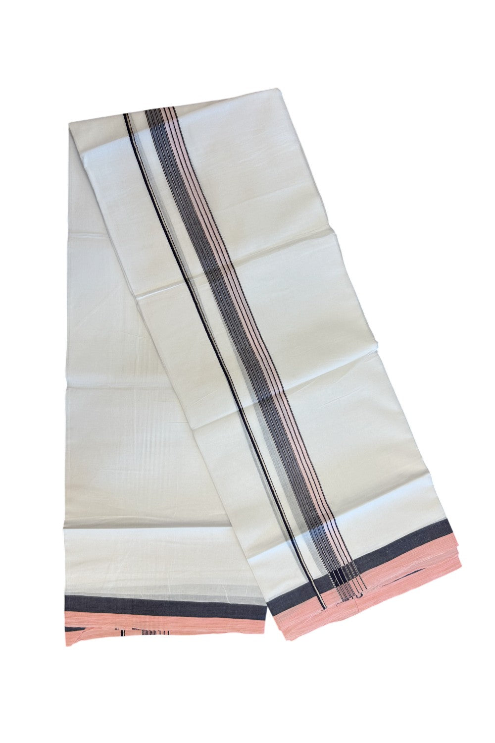 20% DISCOUNT! KaithariKada Balaramapuram 100% Cotton Double Pure white Mundu/Dhoti- 100x80 - 1.25 inch Silver Kasavu Navy Blue & Baby Pink Shaded Striped Kara - 3.74mtr ( 8 muzham) - 31KK5227 PMC
