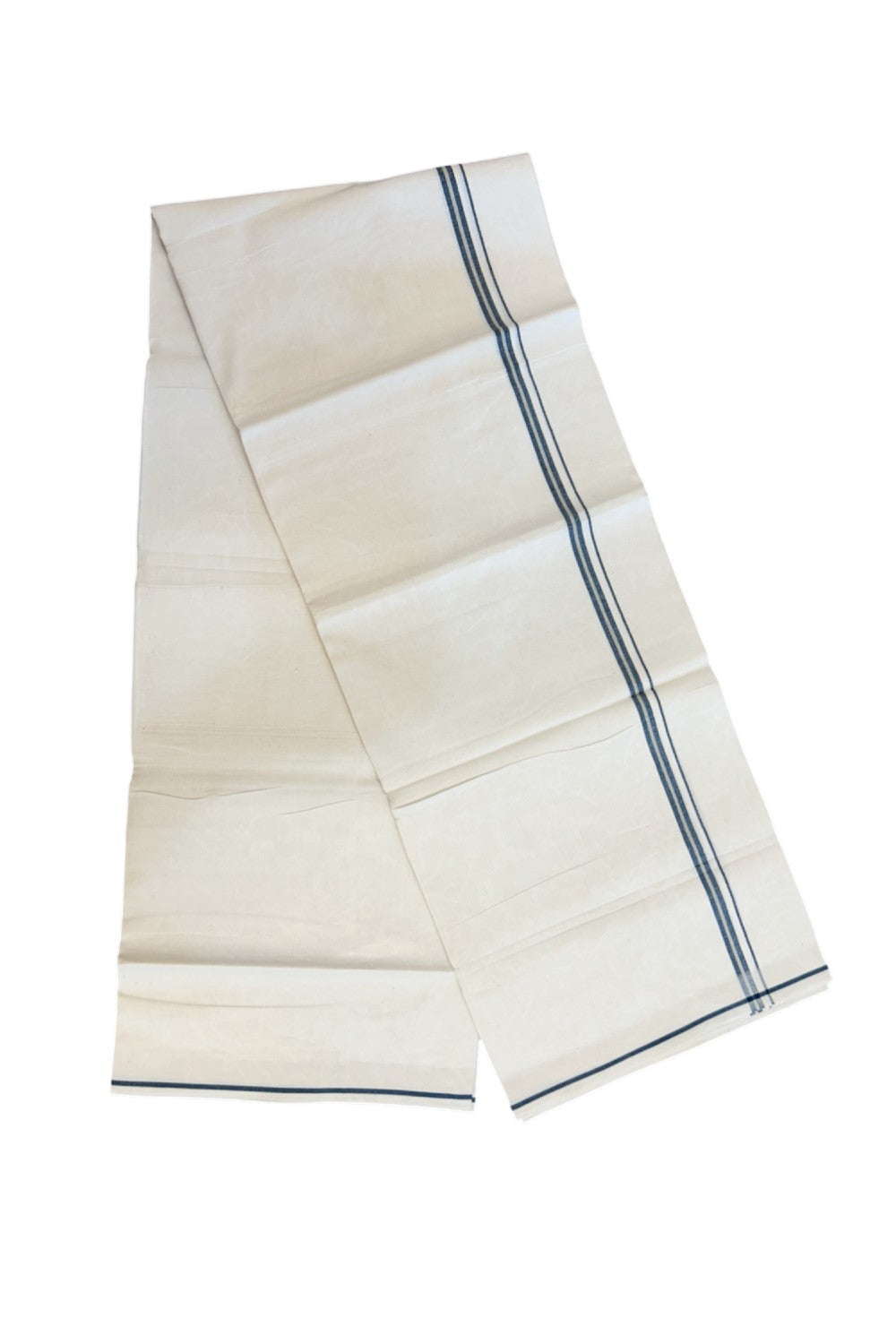 24% Discount !! KaithariKada Balaramapuram 100% Cotton OFF WHITE (Unbleached) Single Mundu/Dhoti - Twisted 60s Thread - 0.8 cm Navy blue shaded striped Kara (2 meter / 4 muzham) - 57KK5241 GL