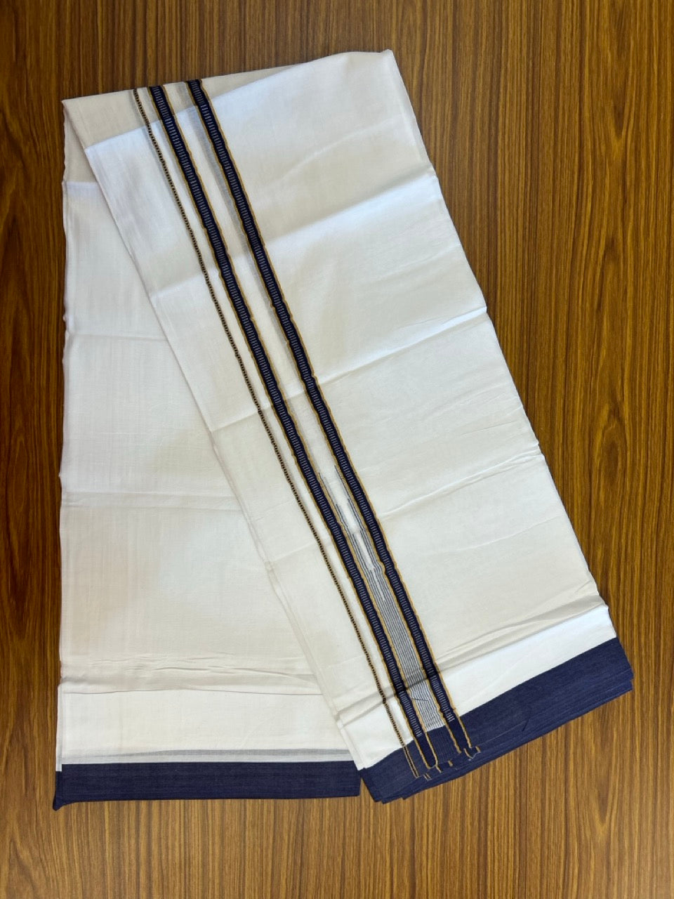 24% Discount! KaithariKada Balaramapuram 100% Cotton Pure white Double Mundu/Dhoti - (100x80)s - 1.5 inch Puliyilakkara Navy Blue Stripes Chutty Gold Kasav - 31 KK5258 THI