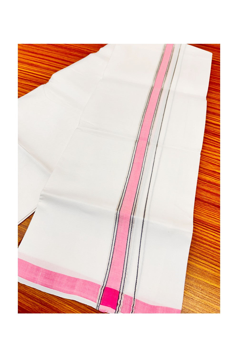 30% OFFER! KaithariKada 100% Cotton Balaramapuram HANDLOOM Single PURE WHITE Mundu/Dhoti - 1.75 inch (2 meter / 4 muzham) Pink Silver Kasavu Kara & Stripes Design - 31KAI.