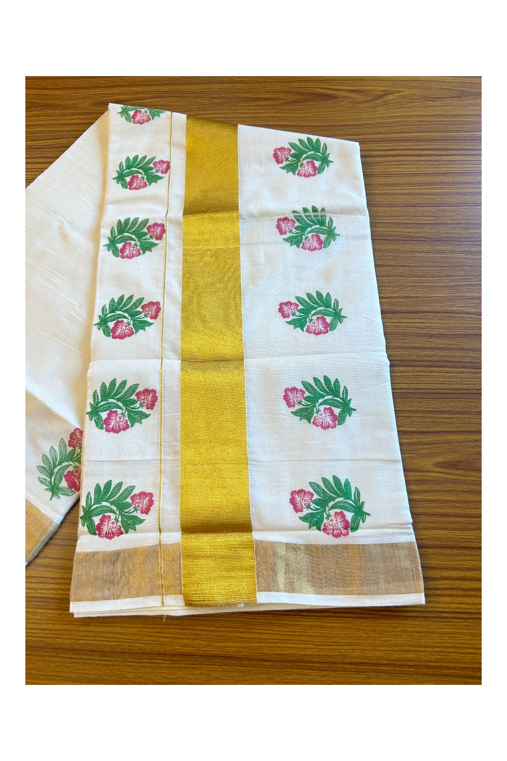 25% Discount! Kaitharikada Kerala Cotton Saree Off white - 12 inch Kasavu Zari with Purple Flower Pattern Kasavu Design- 31KK303VIN