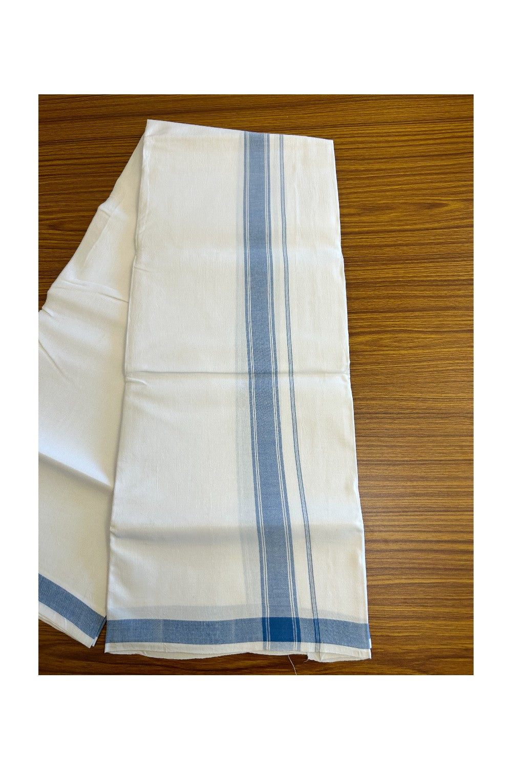 25% KaithariKada 100% PURE Cotton Balaramapuram HANDLOOM Pure white Single Mundu/Dhoti - 1.75 inch Blue Striped Kara (2 meter / 4 muzham)- 31KK5067KK