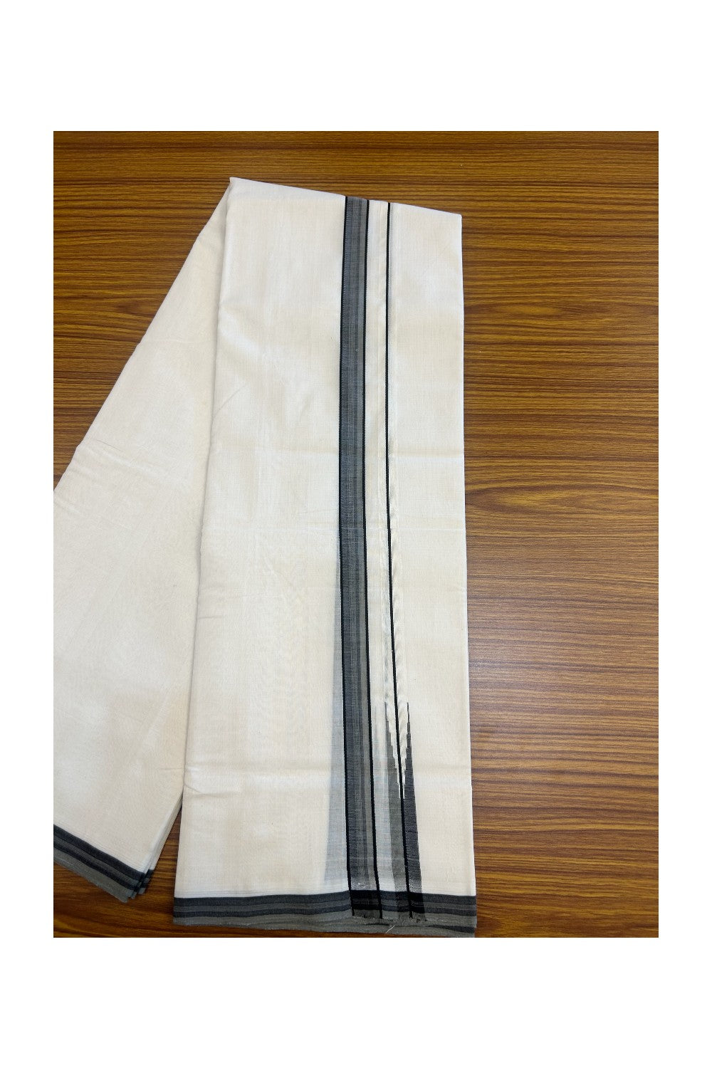 25% DISCOUNT!! KaithariKada HANDLOOM UNAKKUPAAV Balaramapuram - 100% PURE Cotton OFF White - (Unbleached) Double Mundu/Dothi - 100X100 - 2 cm Black & Grey stripes Puliyilakkara chutty 3.80 meter (8.5 Muzham) - 8KK5167REA