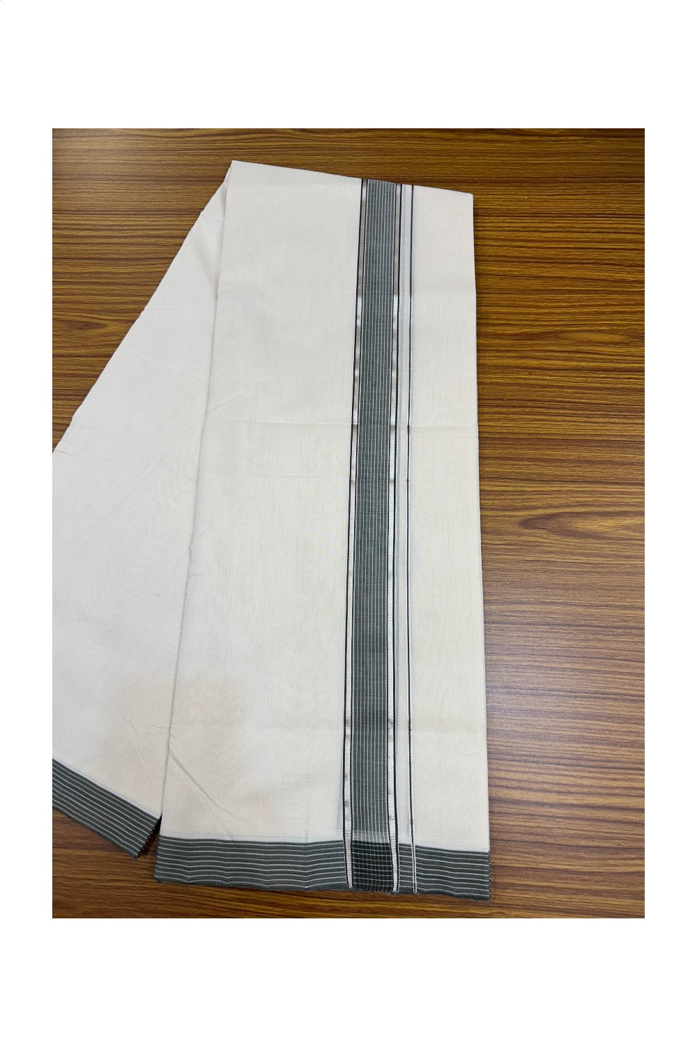25% DISCOUNT!! KaithariKada HANDLOOM UNAKKUPAAV Balaramapuram - 100% PURE Cotton OFF White - (Unbleached) Double Mundu/Dothi - 120(Twisted) x 100 - 1.5 inch Silver Kasavu & Ash Green Striped Kara - 31KK5209 REA