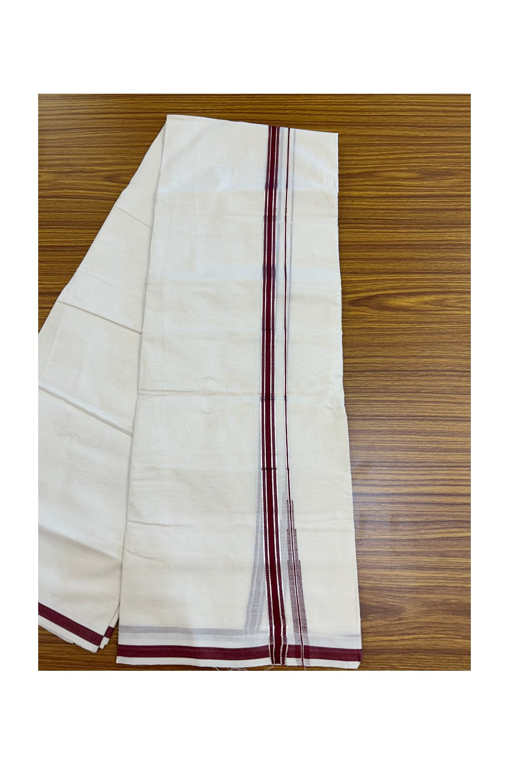 20% Discount ! KaithariKada Balaramapuram 100% Cotton Double OFF WHITE - (Unbleached) - Mundu / Dhoti- 100x80 - 1.5 cm Silver kasavu Maroon Puliyilakkara chutty - 31KK5213 VIN