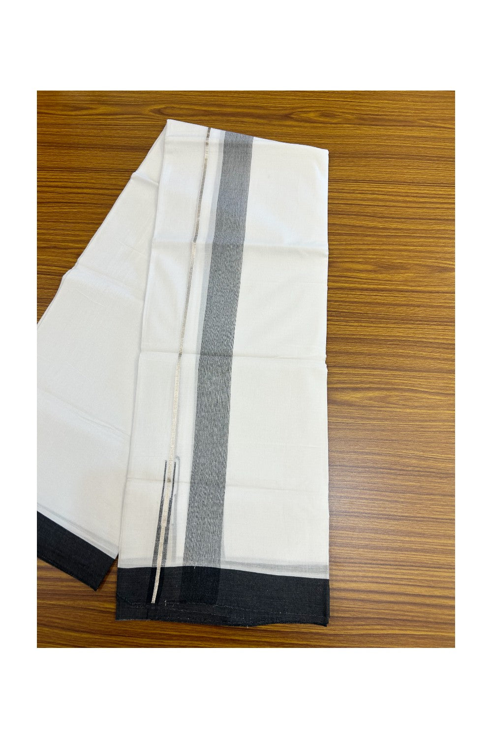 20% DISCOUNT!! Kaitharikada Balaramapuram 100% Pure Cotton PURE WHITE Double Mundu/Dothi - 100x80 - 1.75 Inch Silver Kasavu Black shaded Stripes Puliyilakkara Chutty - 31KK5217 CKS