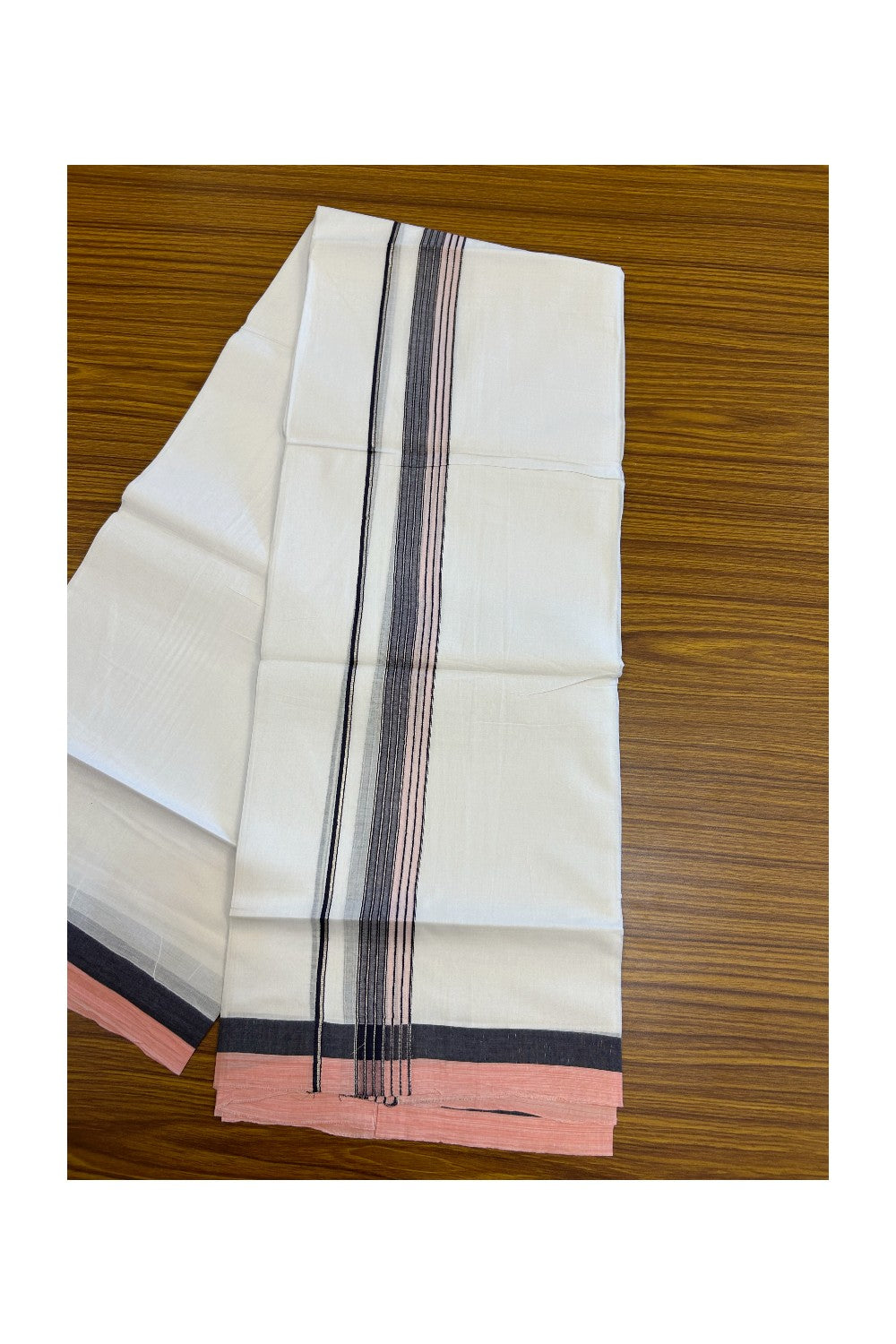 20% DISCOUNT! KaithariKada Balaramapuram 100% Cotton Double Pure white Mundu/Dhoti- 100x80 - 1.25 inch Silver Kasavu Navy Blue & Baby Pink Shaded Striped Kara - 3.74mtr ( 8 muzham) - 31KK5227 PMC