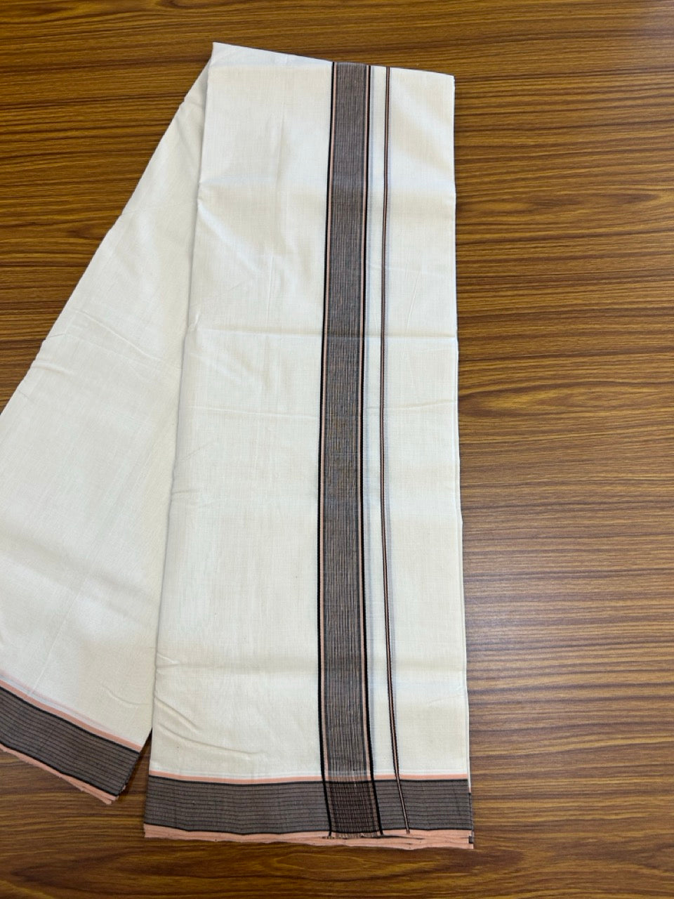 25% DISCOUNT!! KaithariKada HANDLOOM UNAKKUPAAV Balaramapuram - 100% PURE Cotton OFF White - (Unbleached) Double Mundu/Dothi - 100 x 80 - 1.50 inch Peach Black Kara 3.80 meter (8.5 mulam) - 31 KK5249 REA