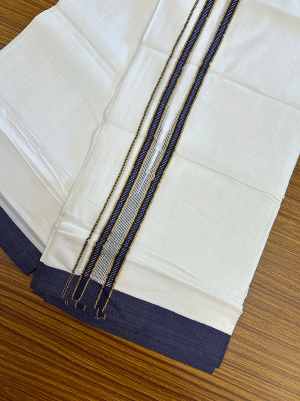 24% Discount! KaithariKada Balaramapuram 100% Cotton Pure white Double Mundu/Dhoti - (100x80)s - 1.5 inch Puliyilakkara Navy Blue Stripes Chutty Gold Kasav - 31 KK5258 THI