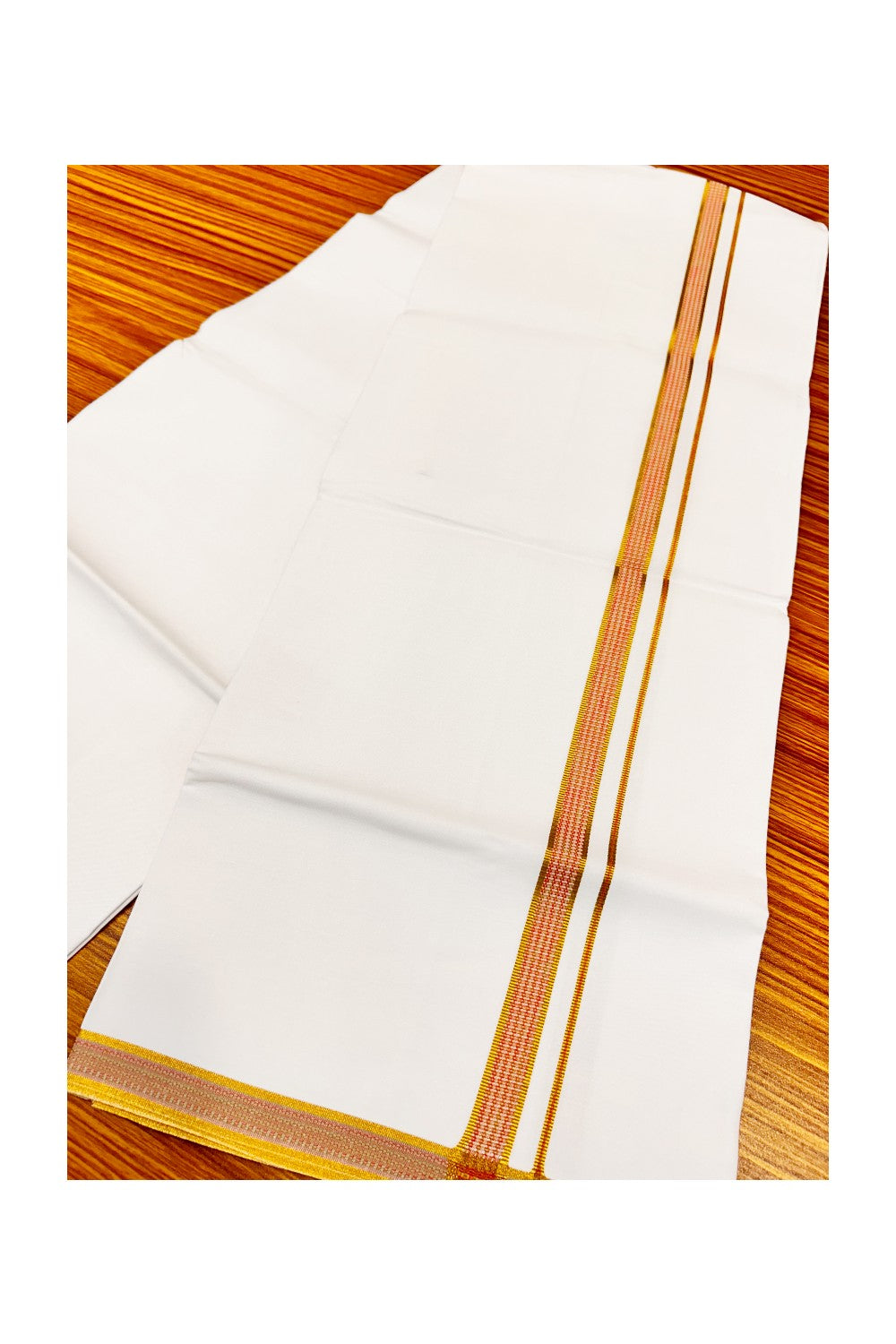 20% OFFER!! KaithariKada 100% Cotton PURE WHITE SINGLE Mundu/Dhoti-40X40 Designer Yellow+Orange & Kasavu Zazri 3 cm (2 meter / 4 muzham) Kara- 31sar