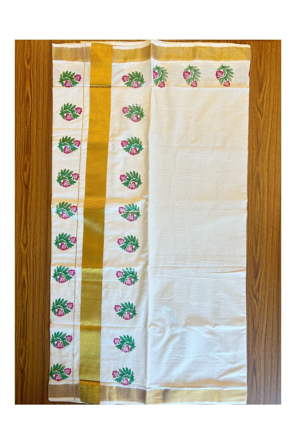 25% Discount! Kaitharikada Kerala Cotton Saree Off white - 12 inch Kasavu Zari with Purple Flower Pattern Kasavu Design- 31KK303VIN