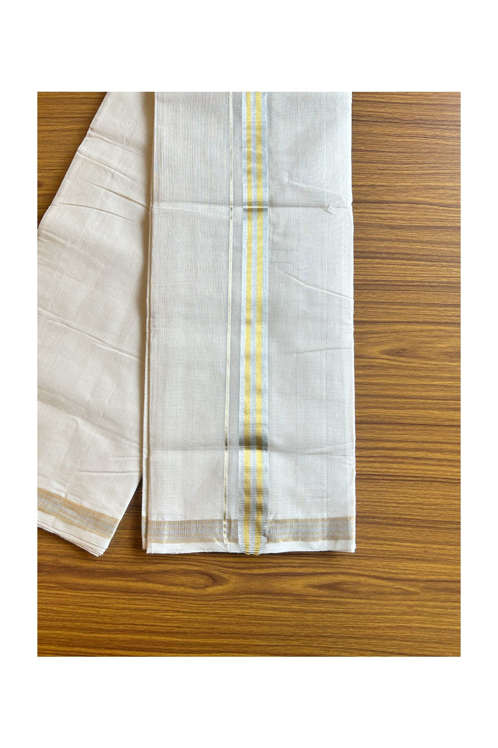 25% Discount!! KaithariKada Handloom Millpaav Balaramapuram - 100% Pure Cotton Off White - (Unbleached) Double Mundu/Dhoti - 1.75 inch Gold & Silver kasav stripes kara 3.50m - 31KK462RAM