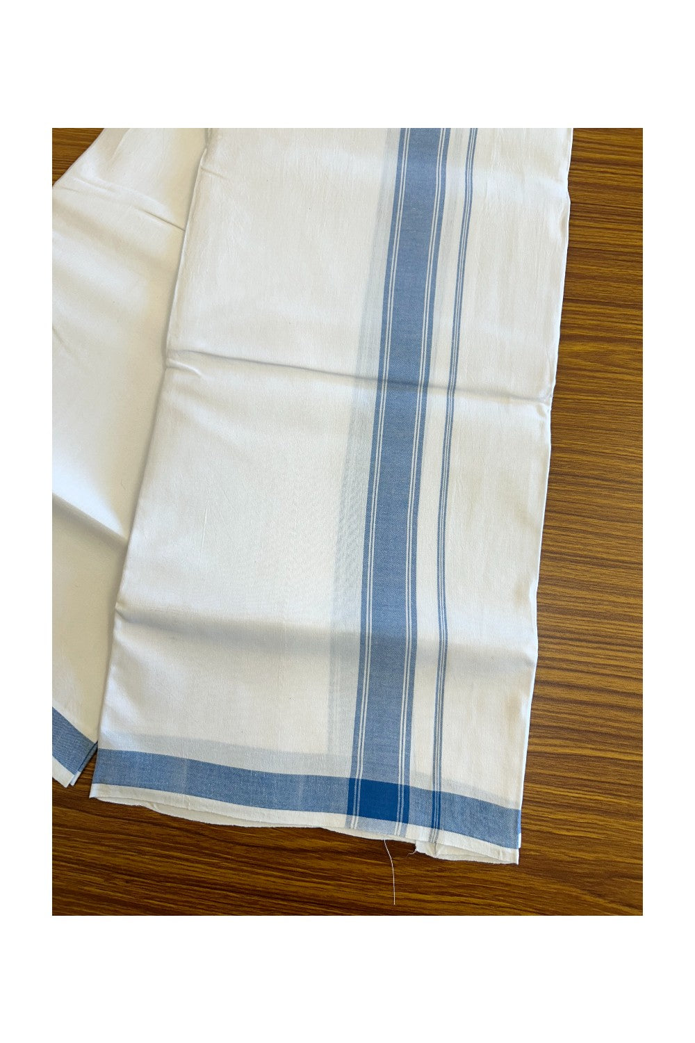 25% KaithariKada 100% PURE Cotton Balaramapuram HANDLOOM Pure white Single Mundu/Dhoti - 1.75 inch Blue Striped Kara (2 meter / 4 muzham)- 31KK5067KK