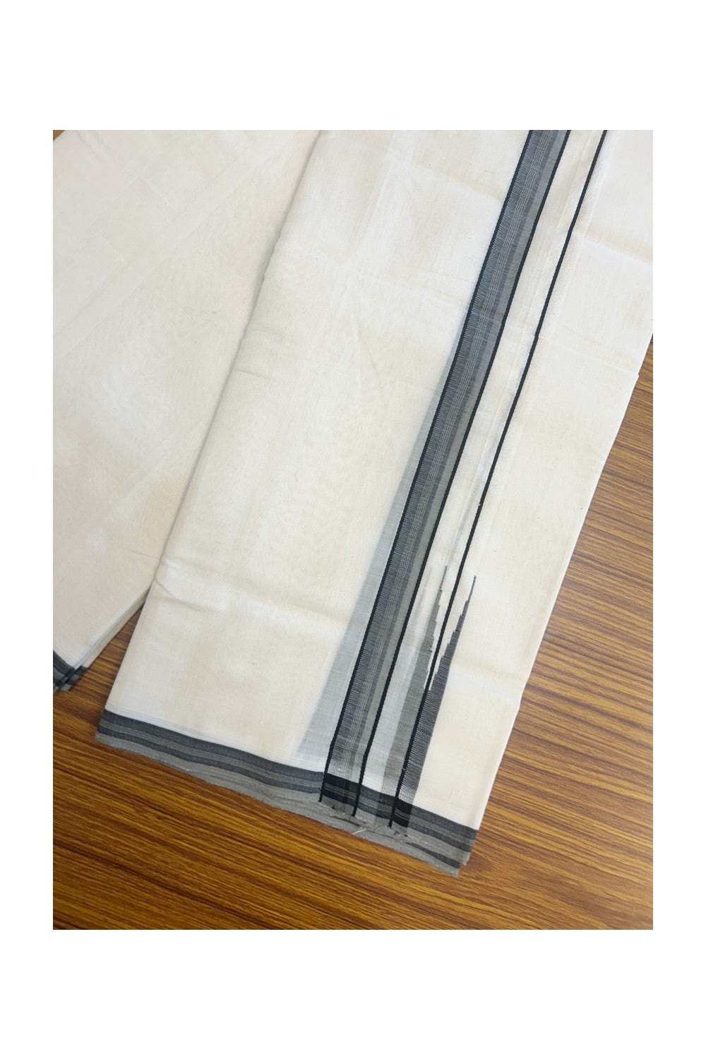 25% DISCOUNT!! KaithariKada HANDLOOM UNAKKUPAAV Balaramapuram - 100% PURE Cotton OFF White - (Unbleached) Double Mundu/Dothi - 80X100 - 2 cm Black & Grey stripes Puliyilakkara chutty 3.80 meter (8.5 Muzham) - 8KK5167REA