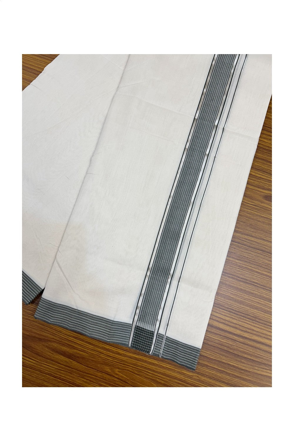 25% DISCOUNT!! KaithariKada HANDLOOM UNAKKUPAAV Balaramapuram - 100% PURE Cotton OFF White - (Unbleached) Double Mundu/Dothi - 120(Twisted) x 100 - 1.5 inch Silver Kasavu & Ash Green Striped Kara - 31KK5209 REA