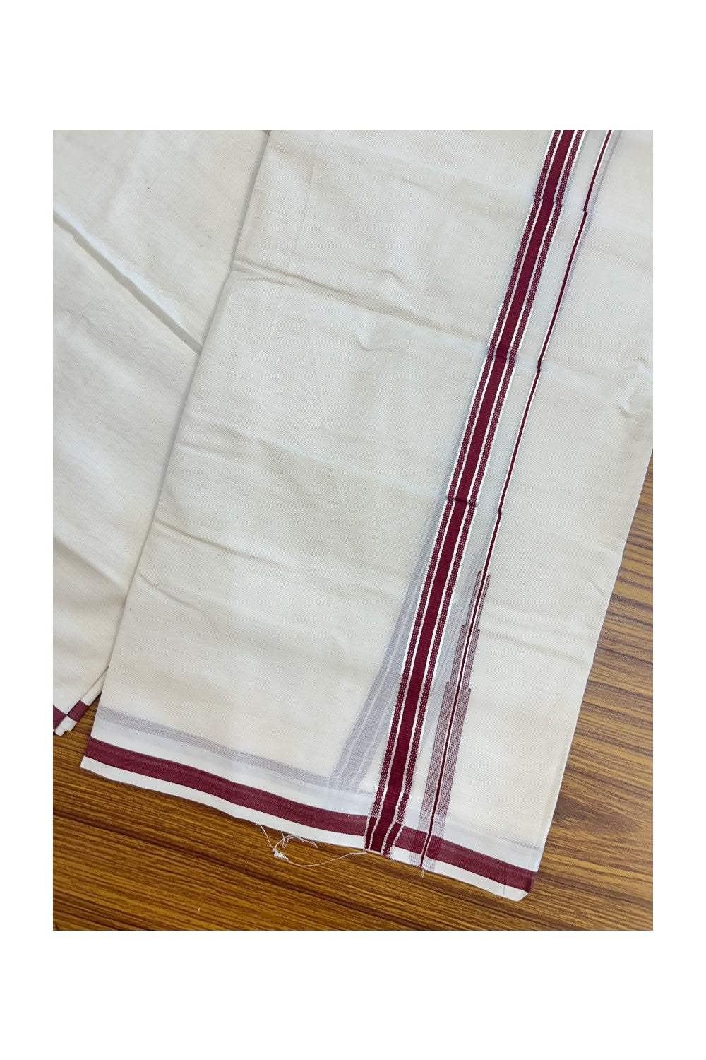20% Discount ! KaithariKada Balaramapuram 100% Cotton Double OFF WHITE - (Unbleached) - Mundu / Dhoti- 100x80 - 1.5 cm Silver kasavu Maroon Puliyilakkara chutty - 31KK5213 VIN