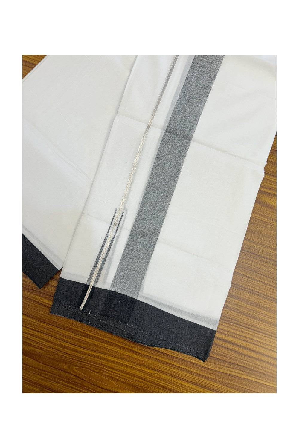 20% DISCOUNT!! Kaitharikada Balaramapuram 100% Pure Cotton PURE WHITE Double Mundu/Dothi - 100x80 - 1.75 Inch Silver Kasavu Black shaded Stripes Puliyilakkara Chutty - 31KK5217 CKS