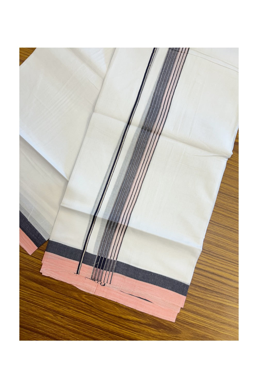 20% DISCOUNT! KaithariKada Balaramapuram 100% Cotton Double Pure white Mundu/Dhoti- 100x80 - 1.25 inch Silver Kasavu Navy Blue & Baby Pink Shaded Striped Kara - 3.74mtr ( 8 muzham) - 31KK5227 PMC