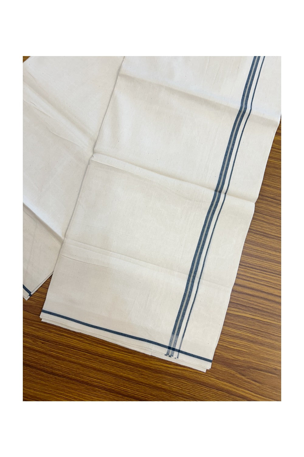 24% Discount !! KaithariKada Balaramapuram 100% Cotton OFF WHITE (Unbleached) Single Mundu/Dhoti - Twisted 60s Thread - 0.8 cm Navy blue shaded striped Kara (2 meter / 4 muzham) - 57KK5241 GL