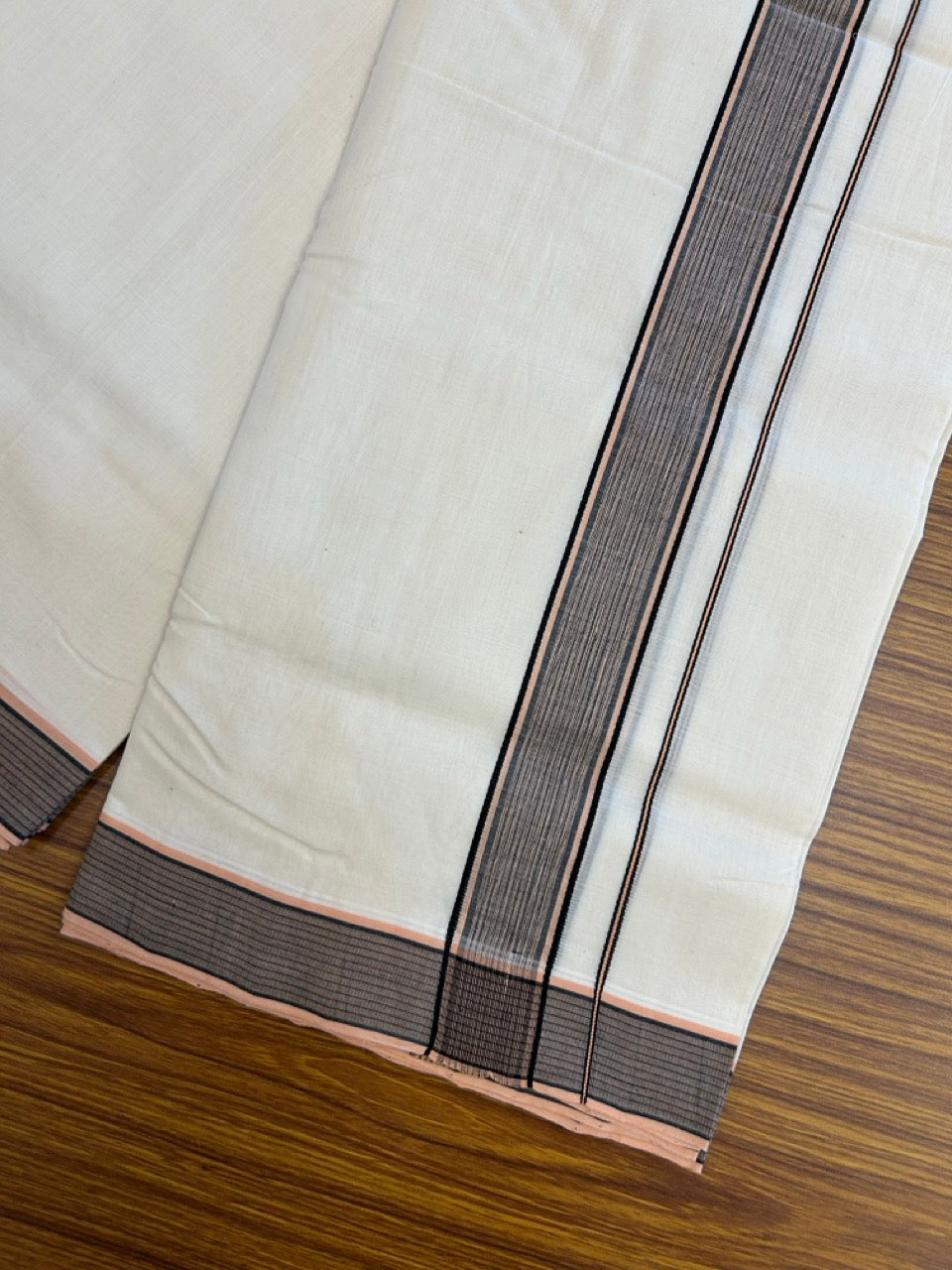 25% DISCOUNT!! KaithariKada HANDLOOM UNAKKUPAAV Balaramapuram - 100% PURE Cotton OFF White - (Unbleached) Double Mundu/Dothi - 100 x 80 - 1.50 inch Peach Black Kara 3.80 meter (8.5 mulam) - 31 KK5249 REA